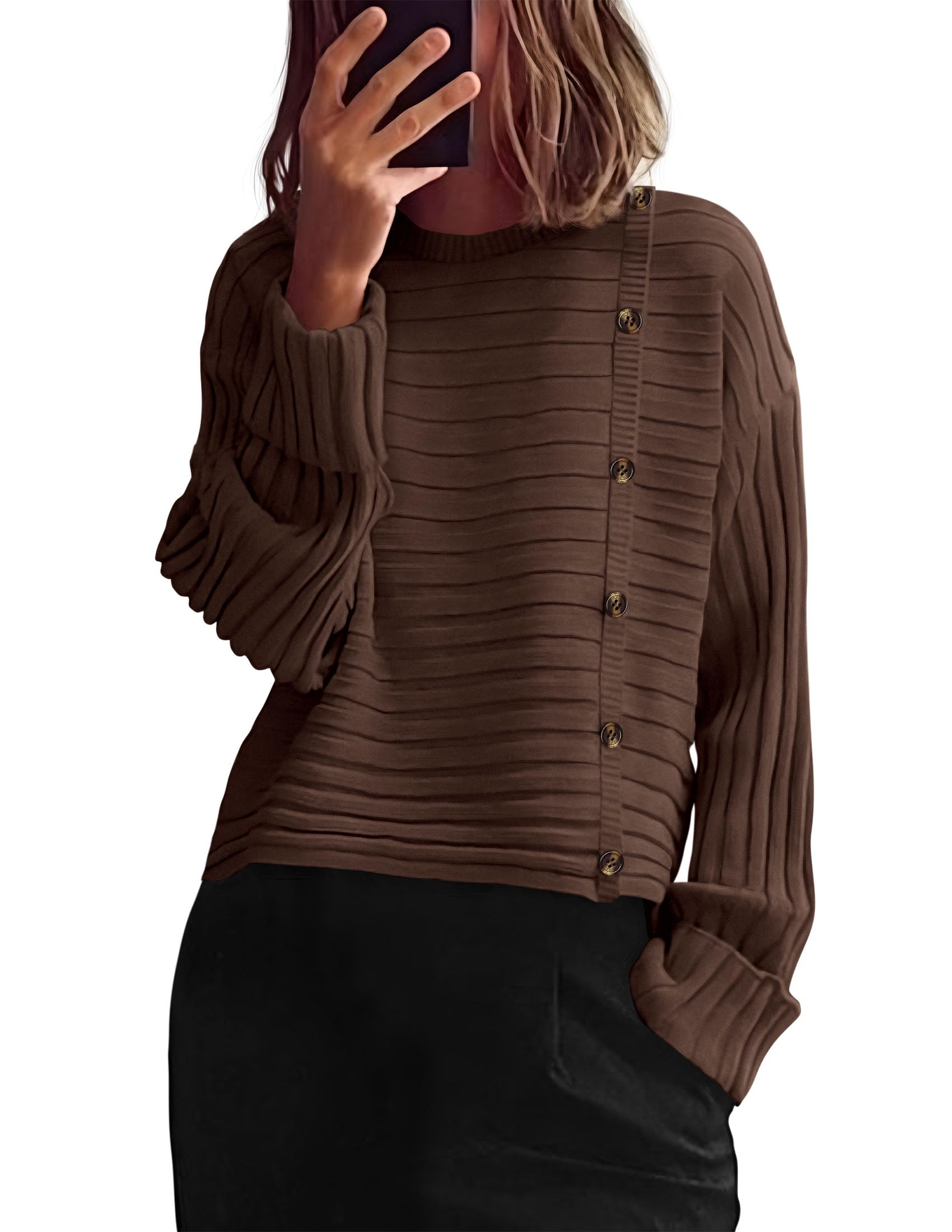 Womens Asymmetric Button Long Sleeve Sweater,Coffee,S