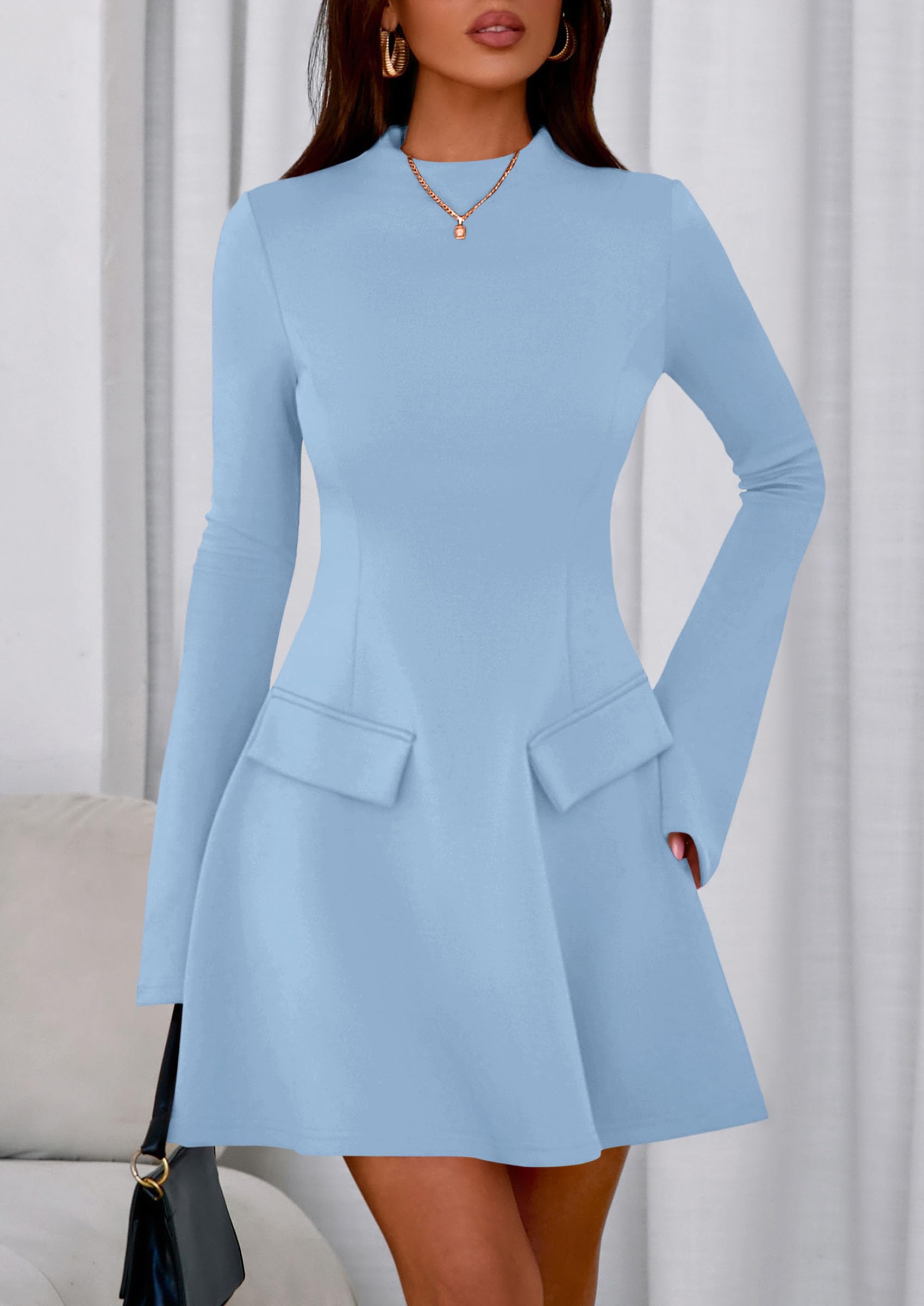Women's Fall Bell Sleeve Short Dress,Light Blue,XS