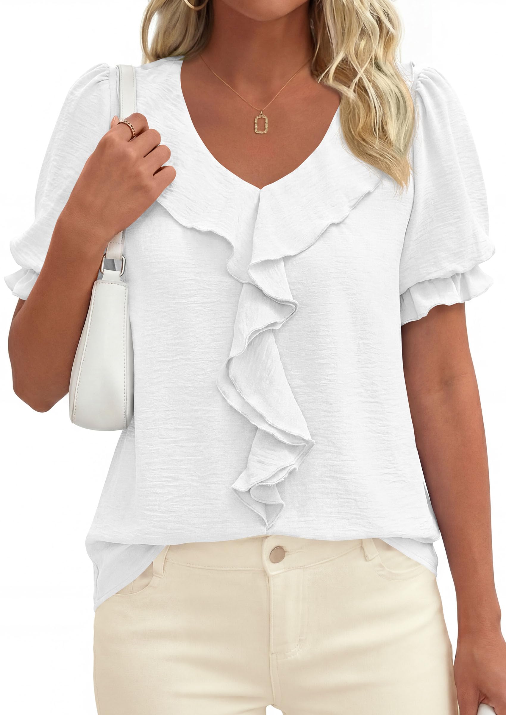 Women's Summer Ruffle Dressy Casual Blouses (White,S)