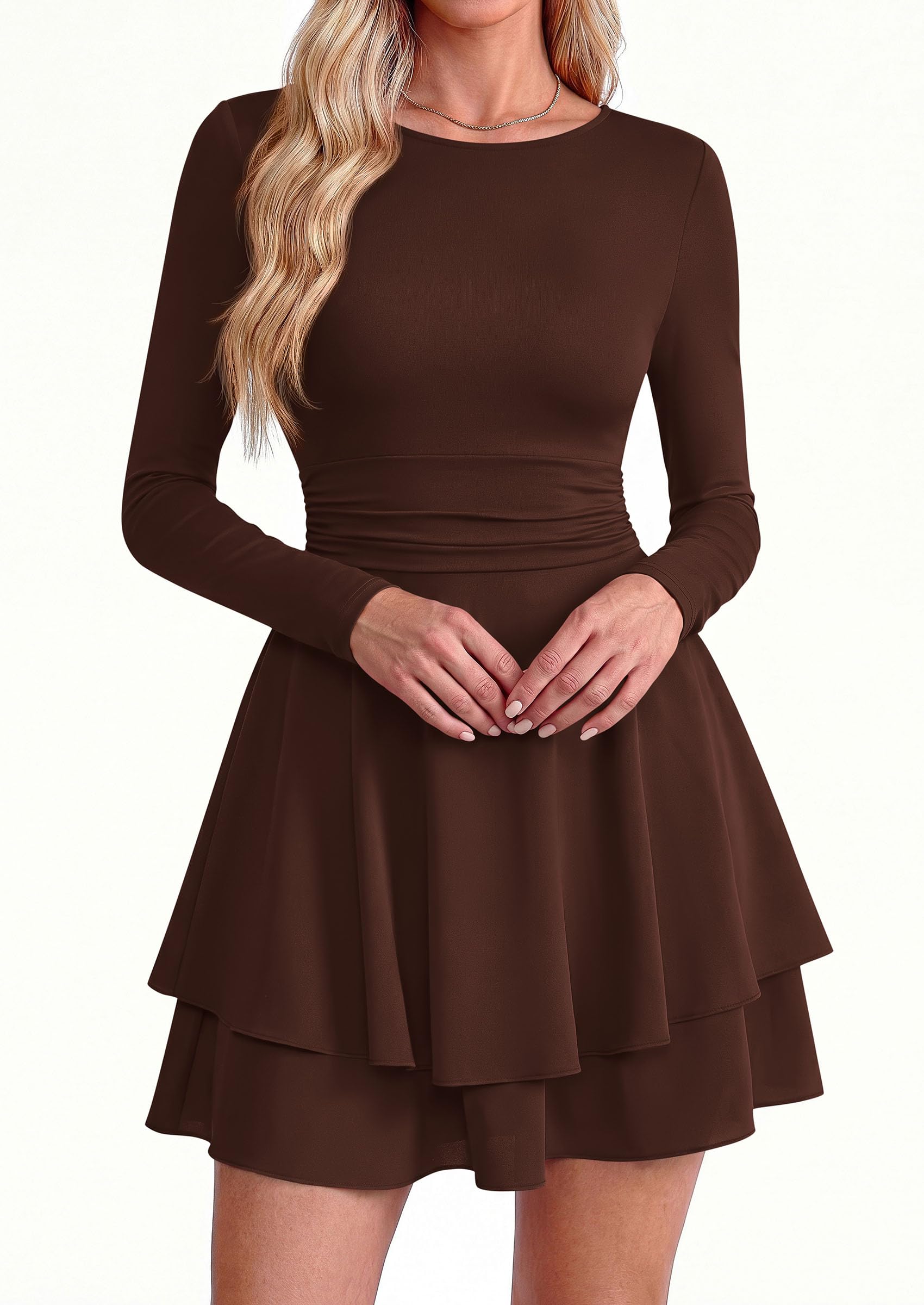 Womens Fit and Flare Crewneck Long Sleeve Mini Dress Brown,S