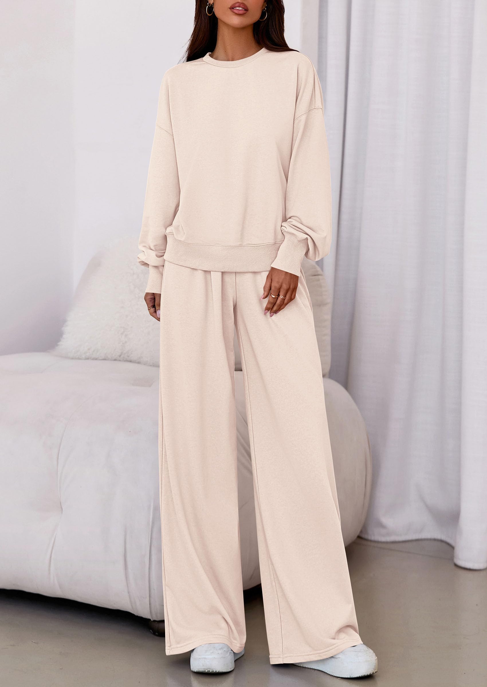 Womens Loose Fit Casual 2 Piece Lounge Set,Beige,S