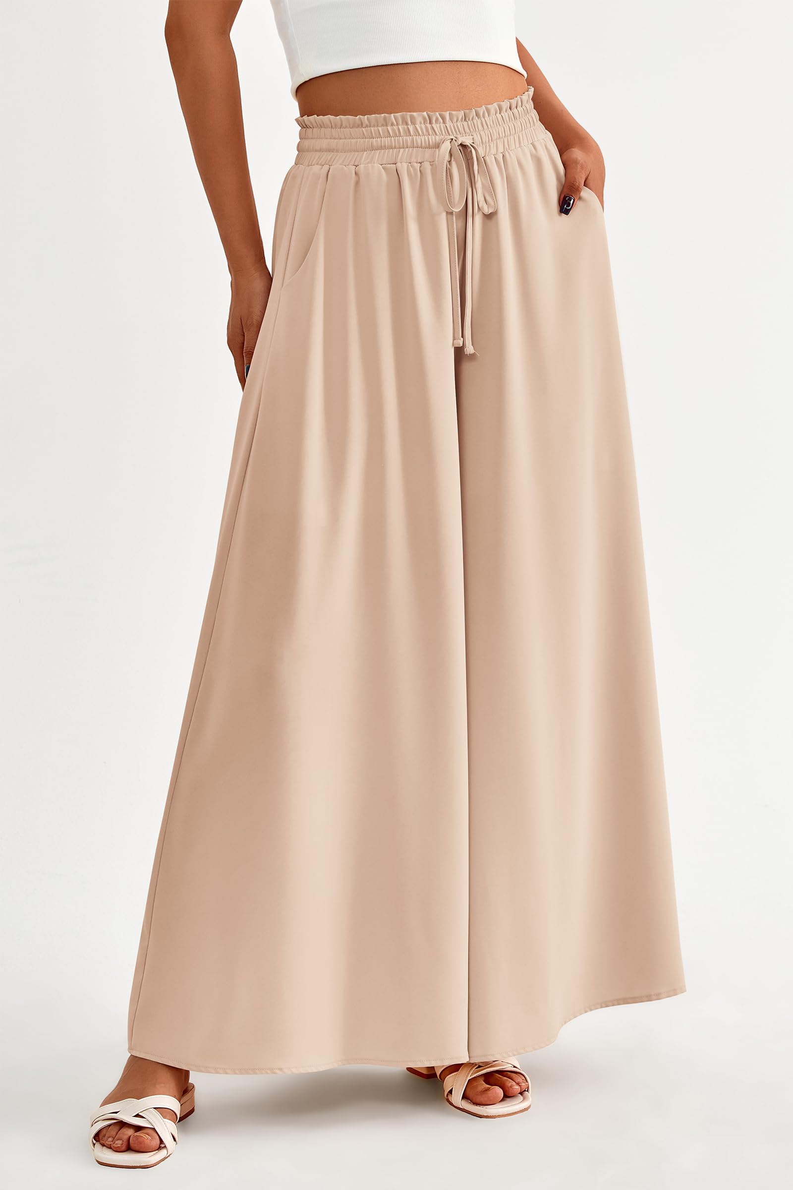 Summer Wide Leg Palazzo Pants for Women Casual,Beige,S