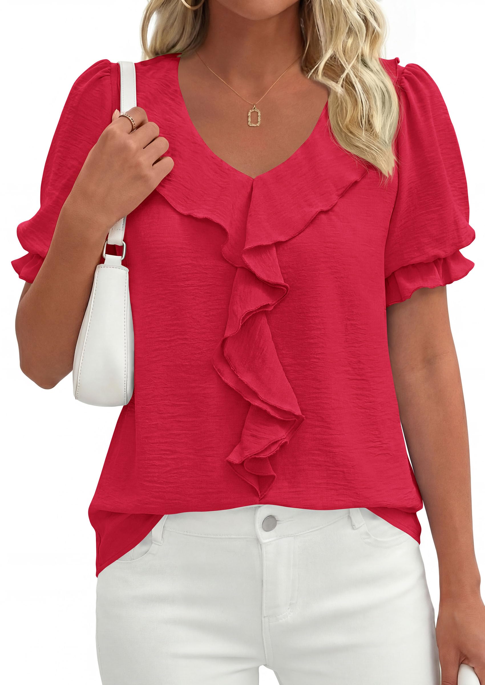 Women's Summer Ruffle Dressy Casual Blouses (Red,S)