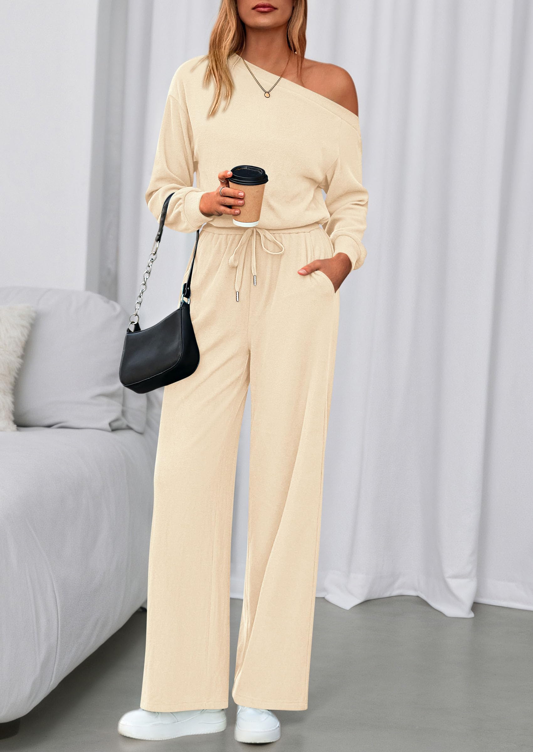 Womens Off Shoulder Long Sleeve Jumpsuit,Apricot,M