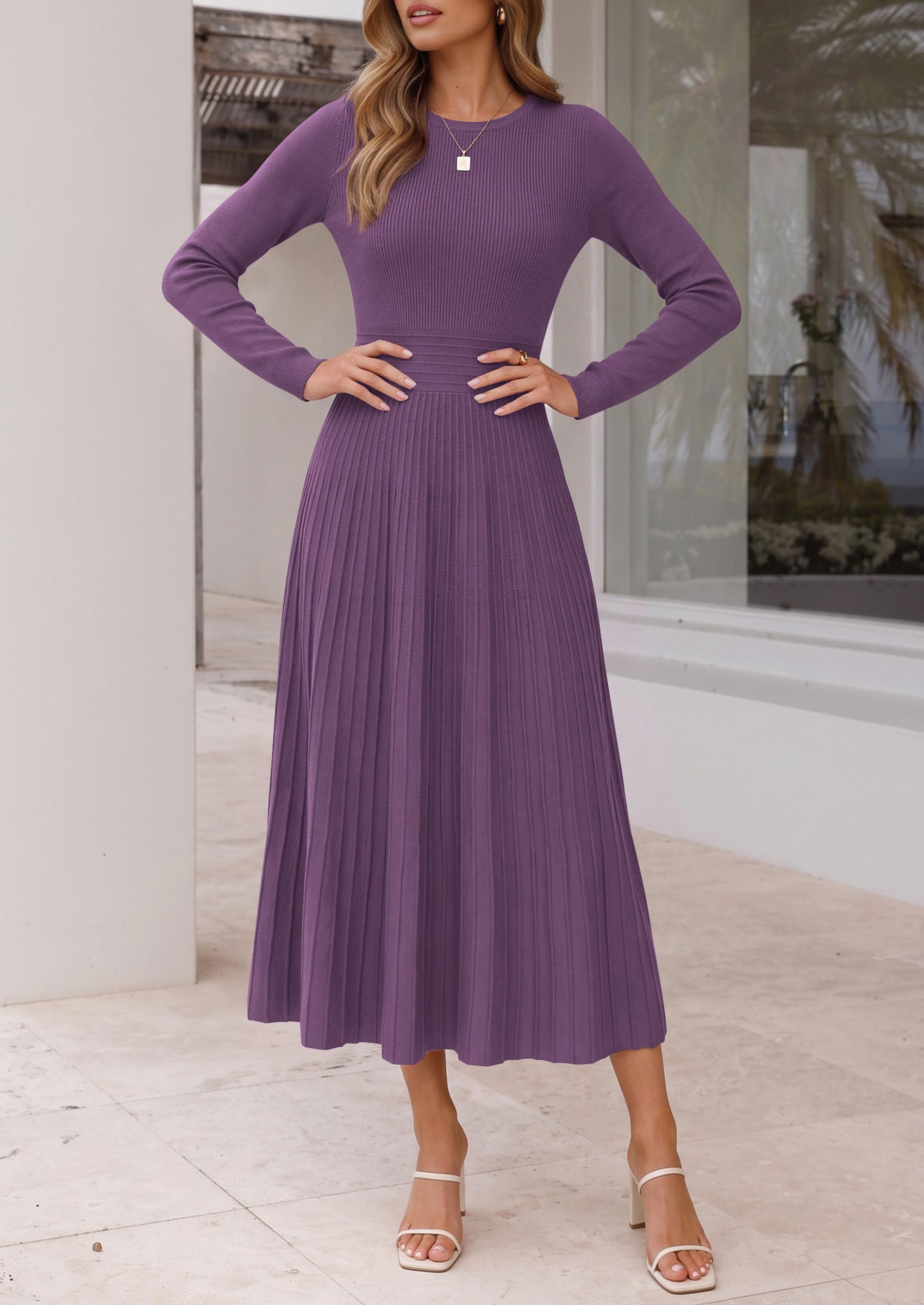 Women's Long Sleeve Knit Maxi Sweater Dress,Grey Purple,S