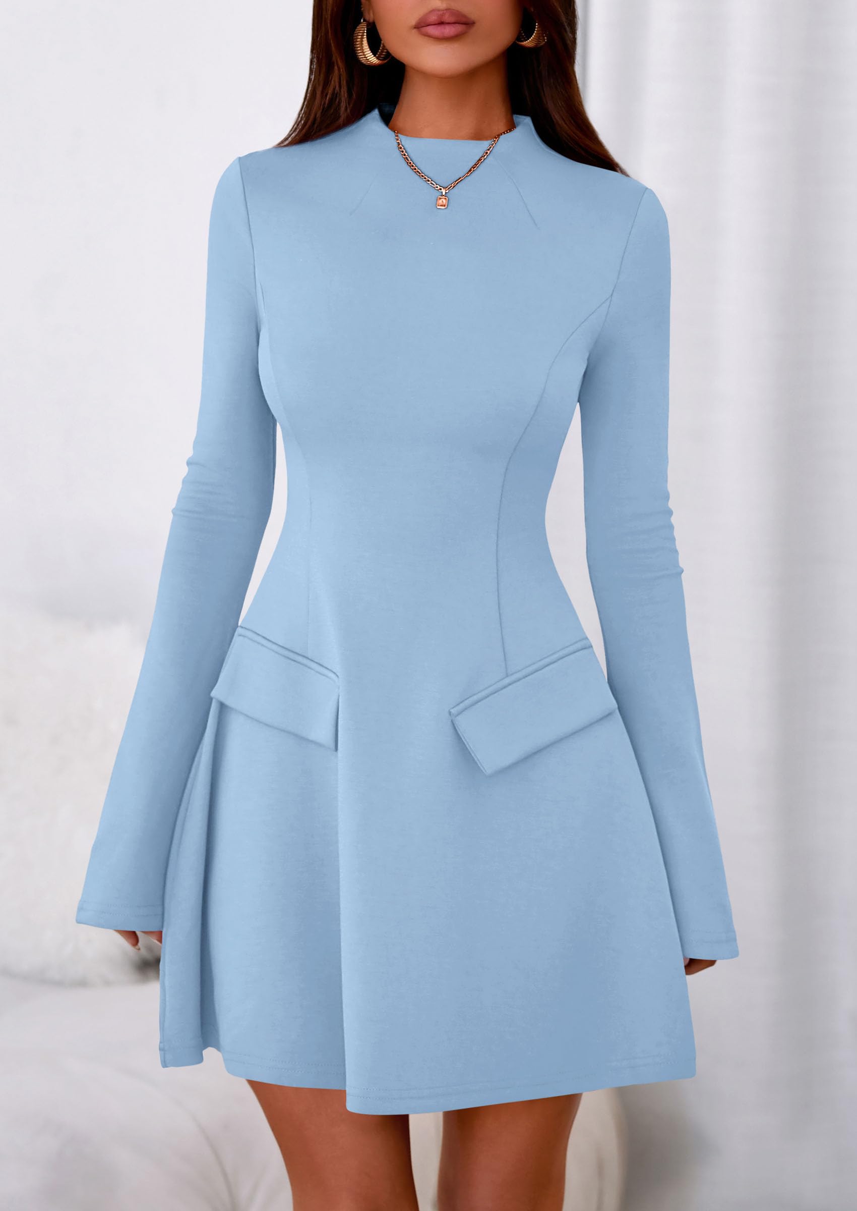 Women's Fall Bell Sleeve Short Dress,Light Blue,XS