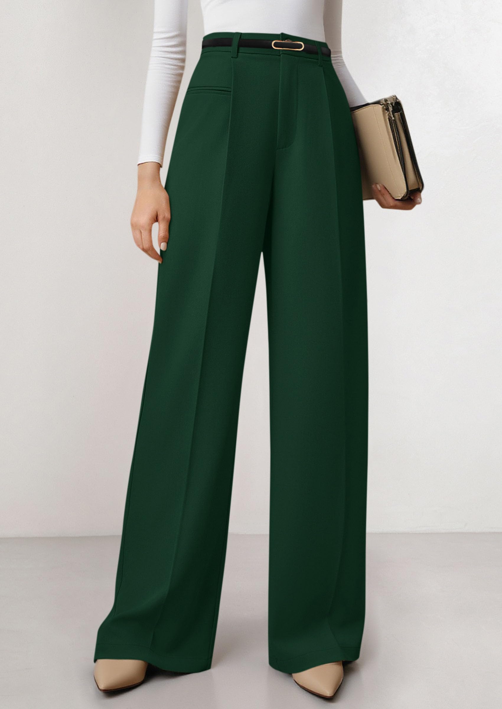 Women's Tailored Wide Leg Work Dress Pants,Dark Green,S
