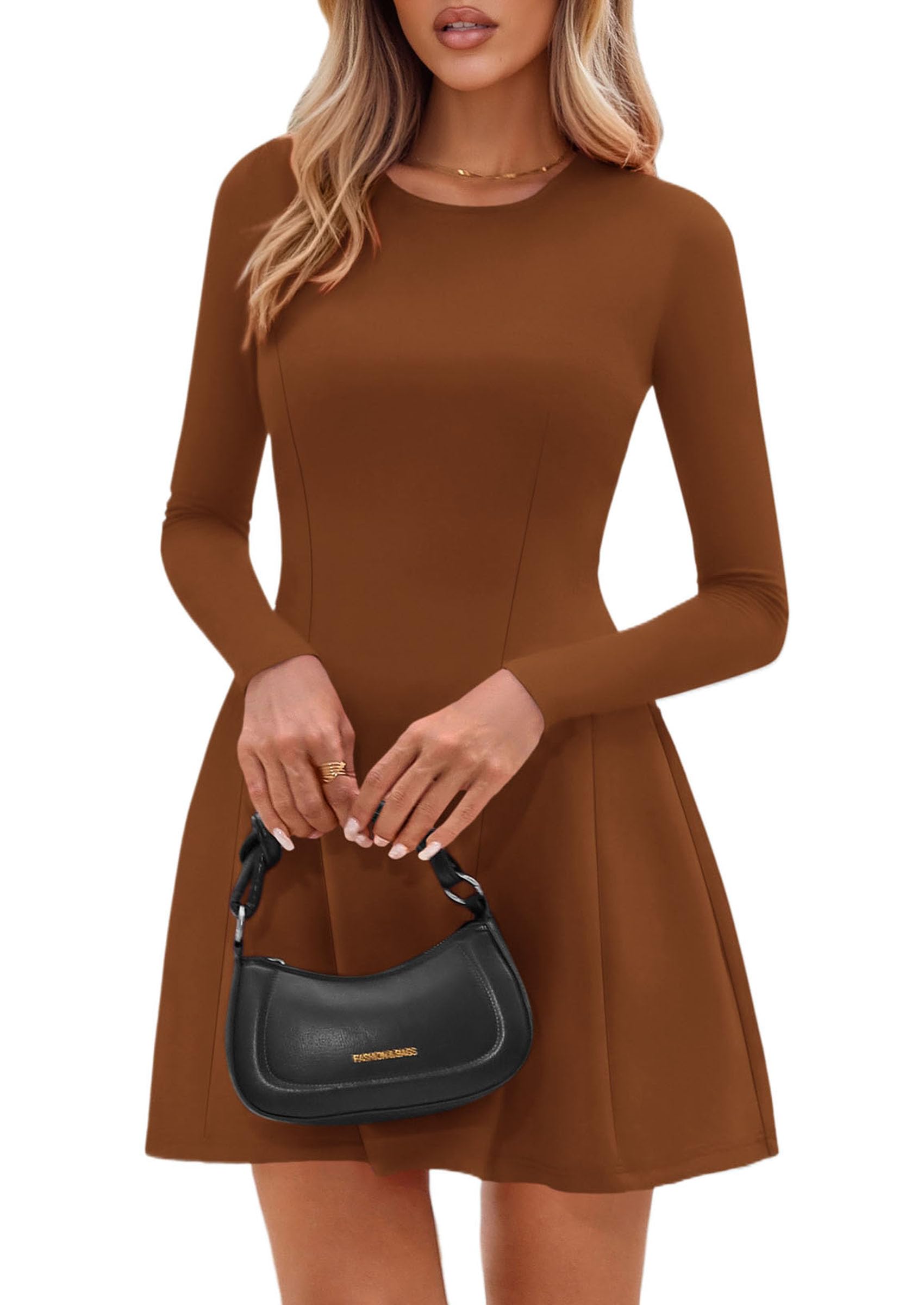 Womens Long Sleeve Pleated Mini Dress,Caramel,XS
