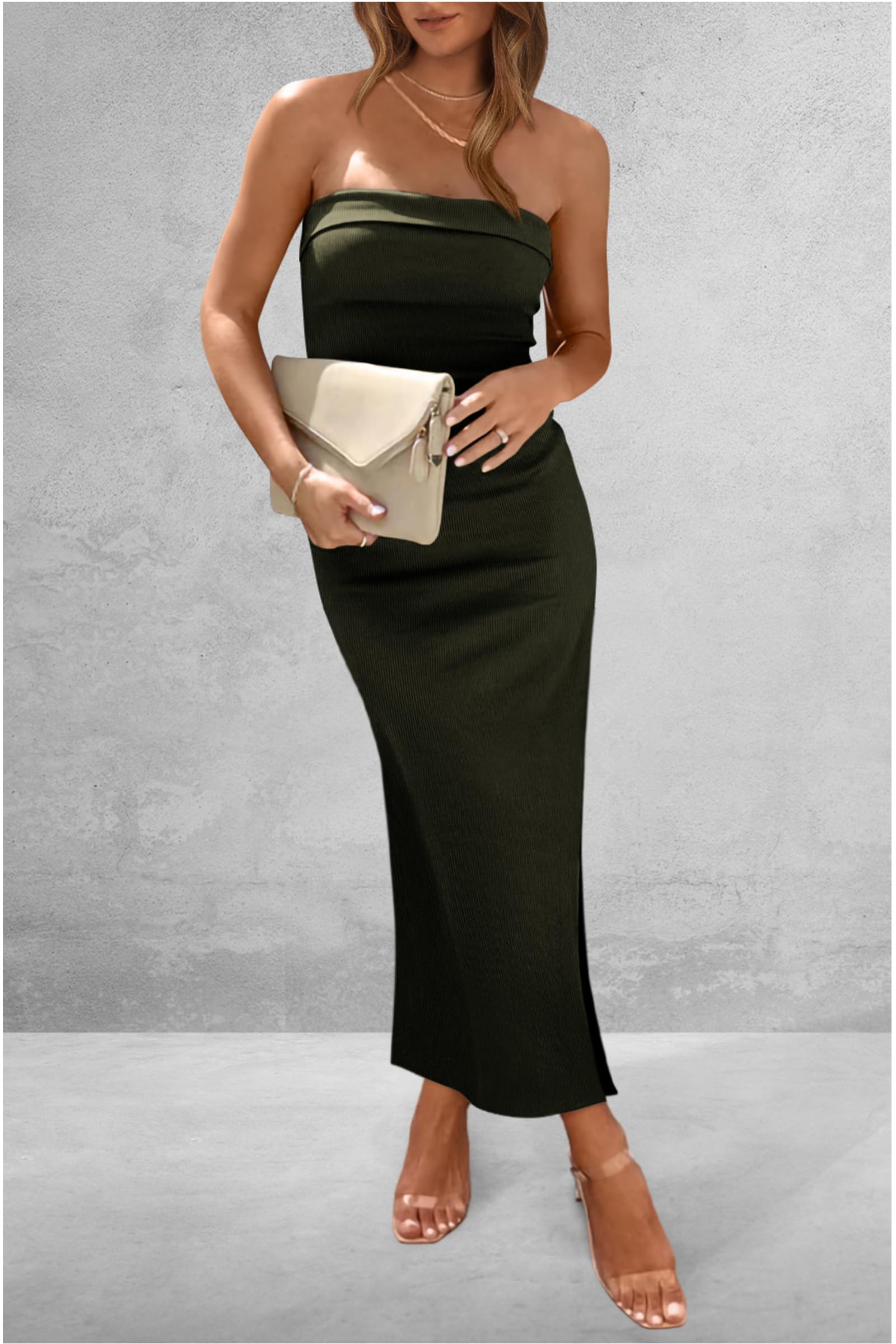 Women's Summer Bodycon Maxi Tube Dress Ribbed Strapless Side Slit Long Going Out Casual Elegant Party Dresses (Army Green,X-Small)