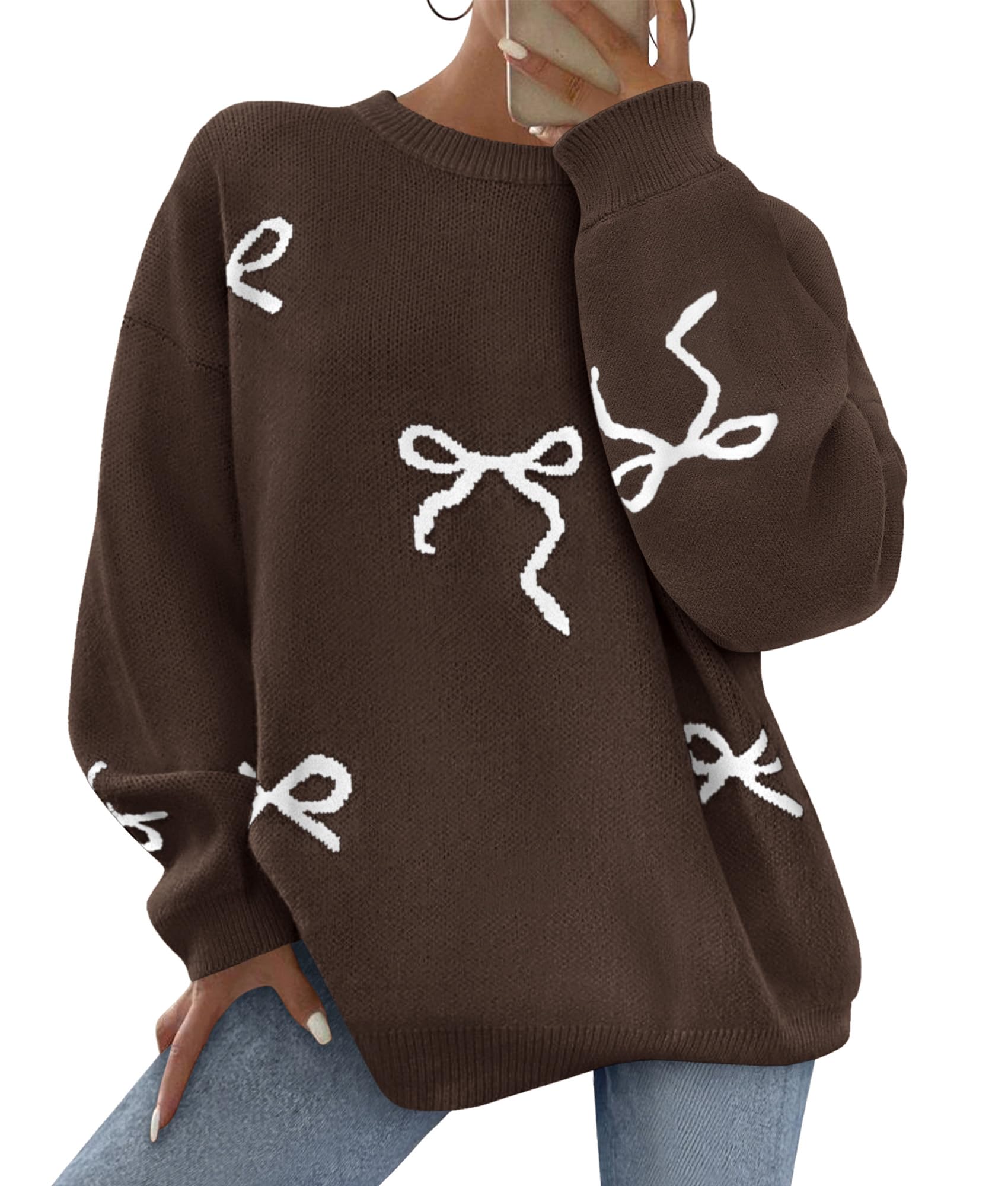 Women Long Sleeve Cute Bow Oversized Sweater,Brown,S
