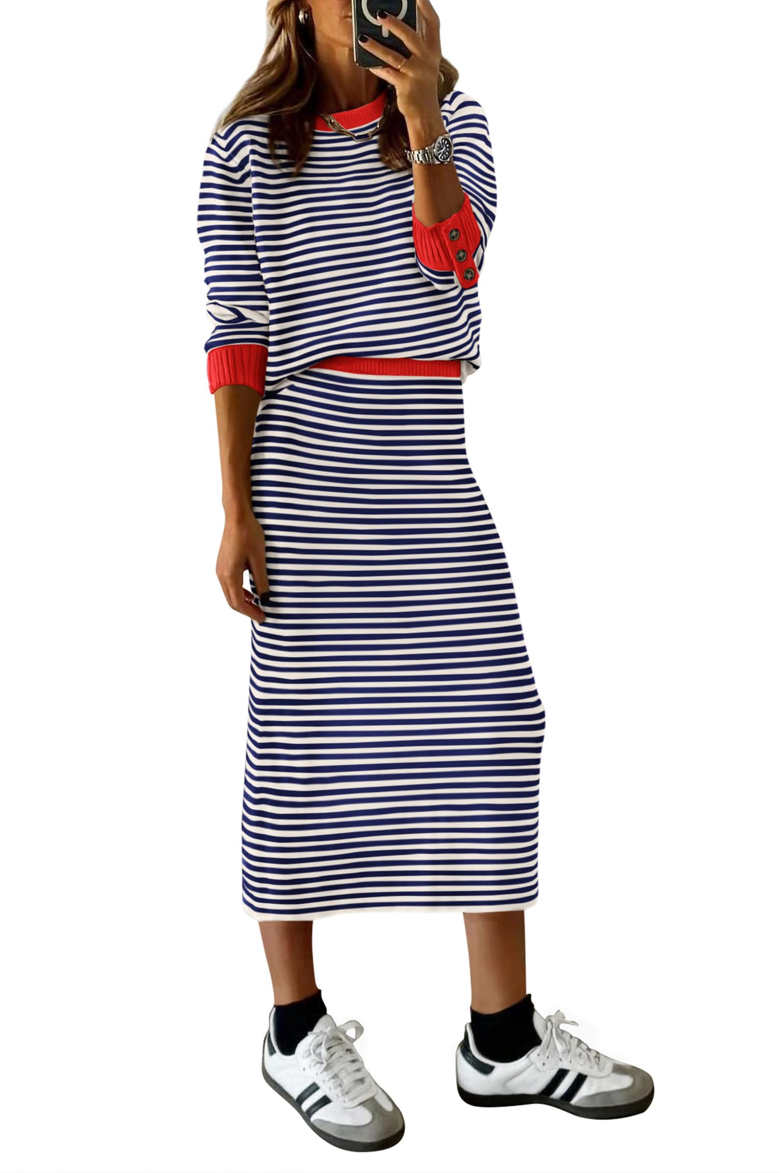 Women's 2 Piece Striped Sweater Skirt Set Fall Matching Sets