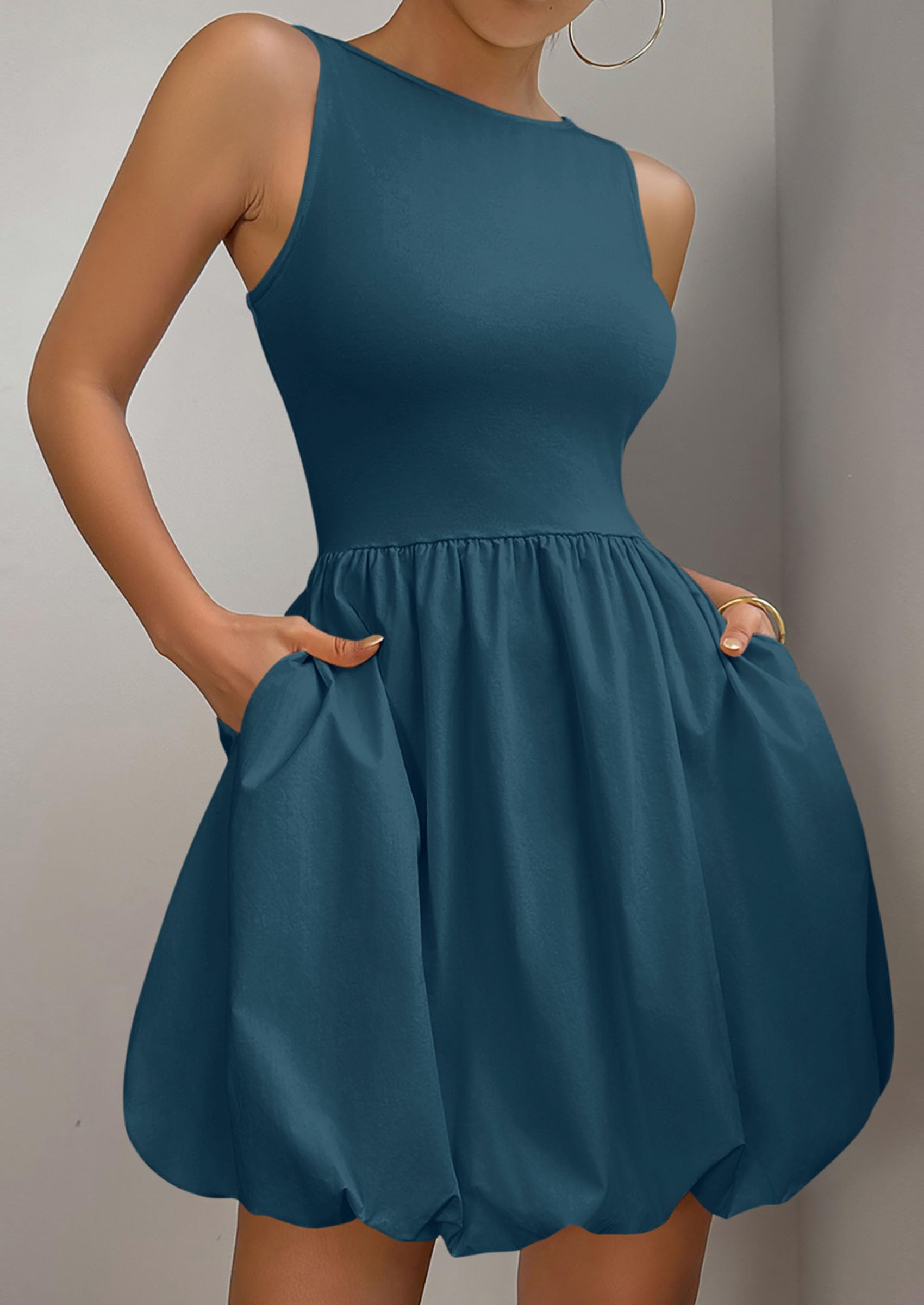 Womens Summer Bubble Sleeveless Mini Dress,Peacock Blue,S