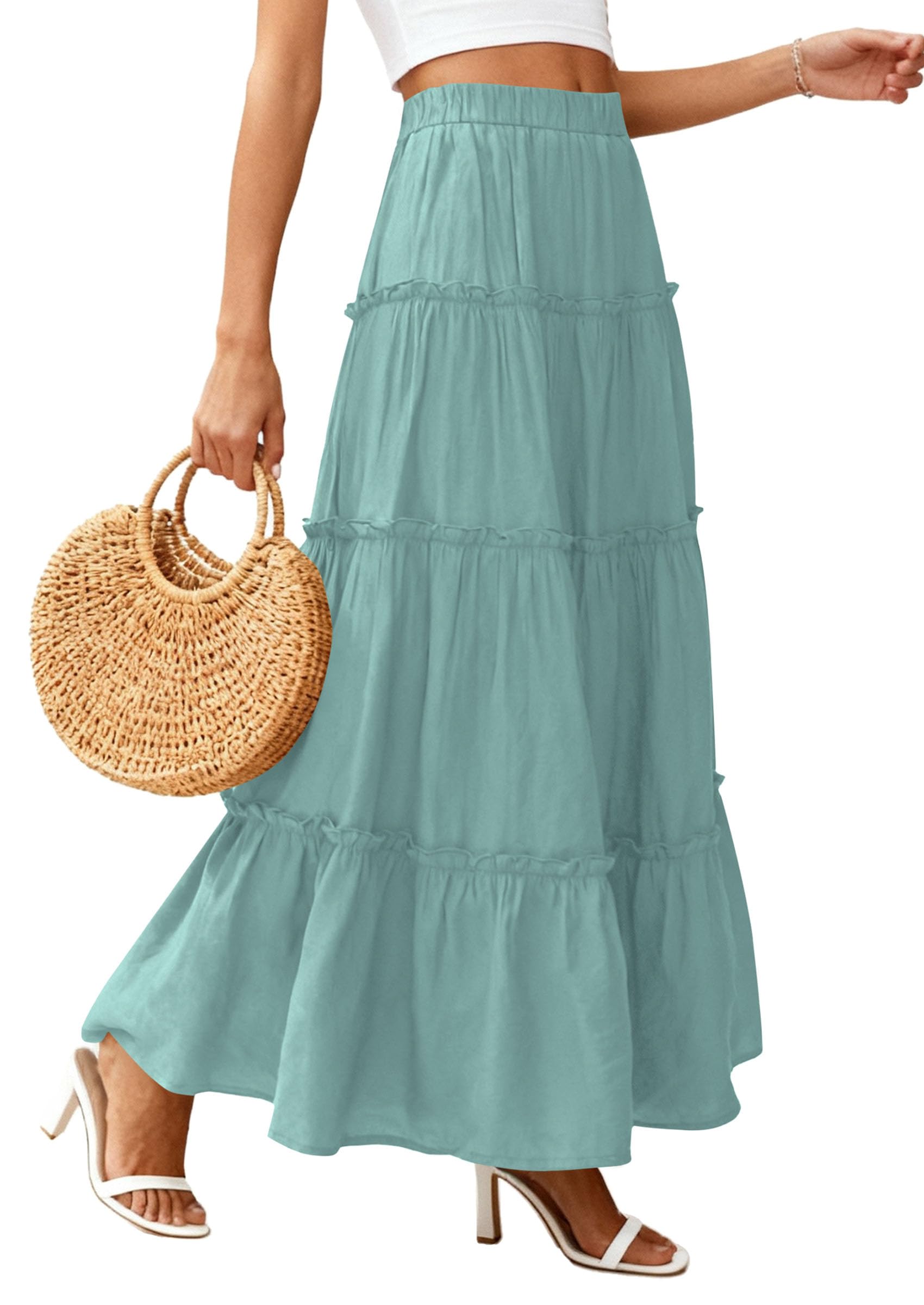 Women's Boho Tiered Ruffle Flowy Maxi Skirt, Blue Green,S