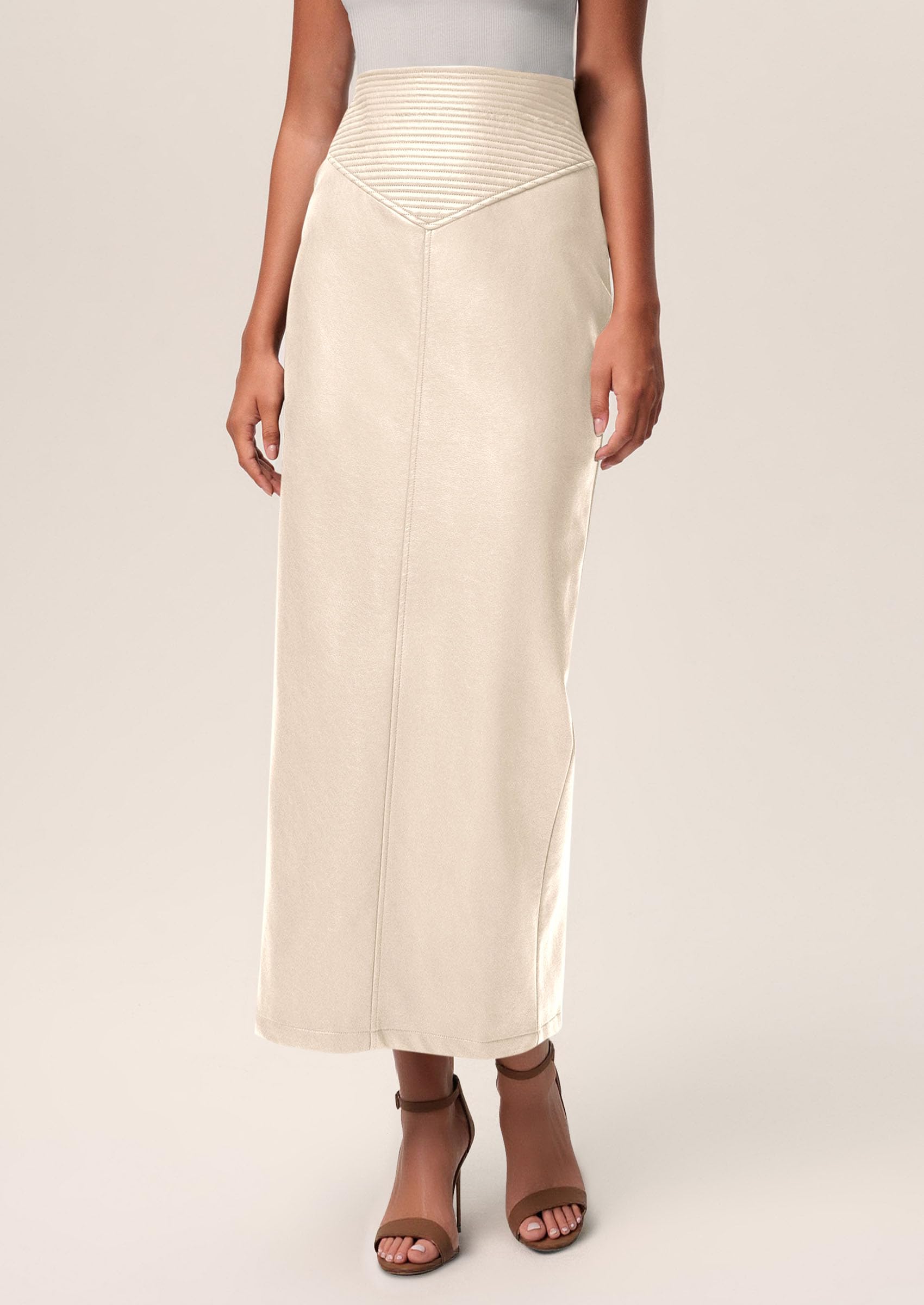Women's Faux Leather High Waisted Maxi Skirts,Beige,XS