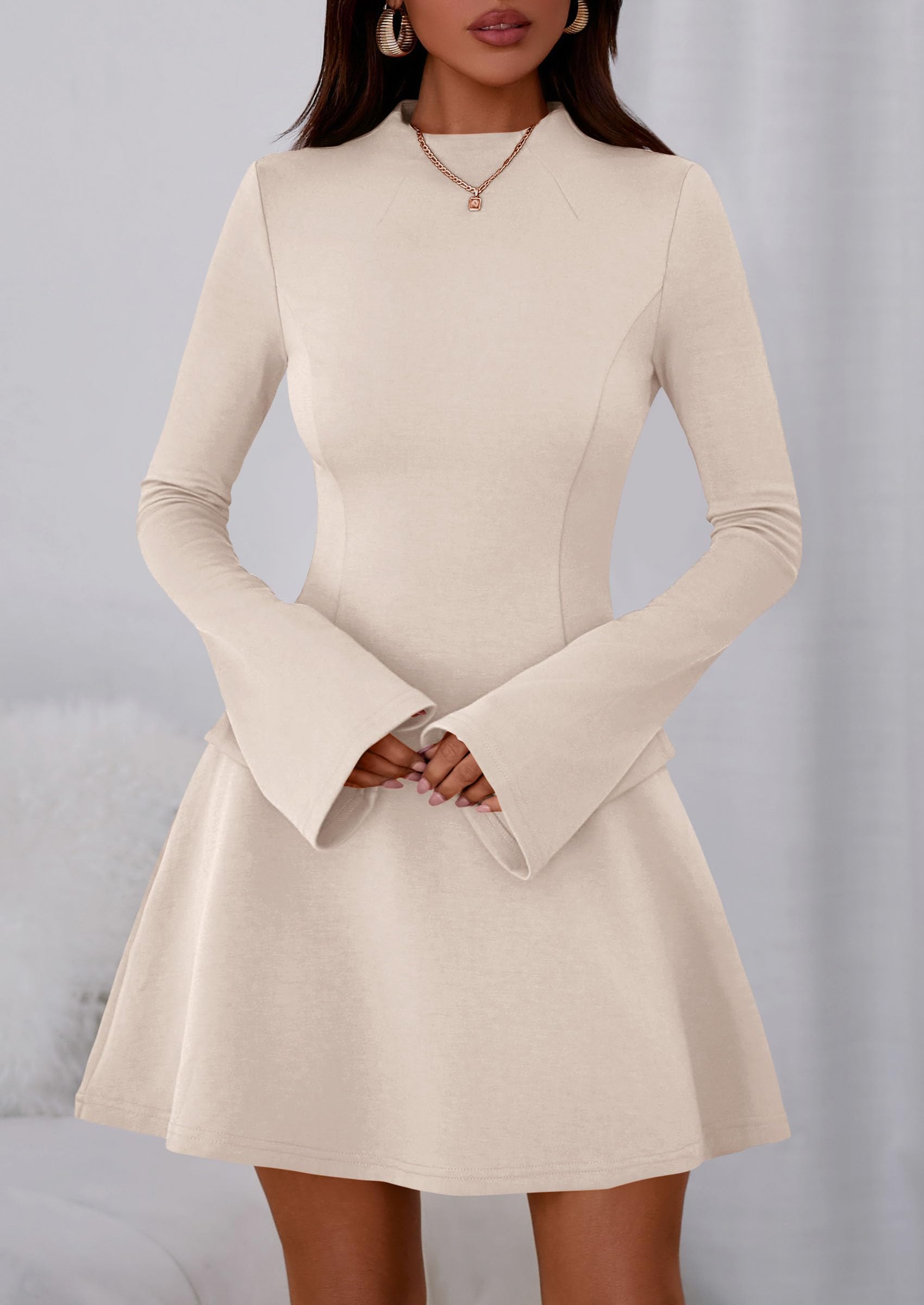 Women's Fall Bell Sleeve Short Dress,Beige Apricot,L