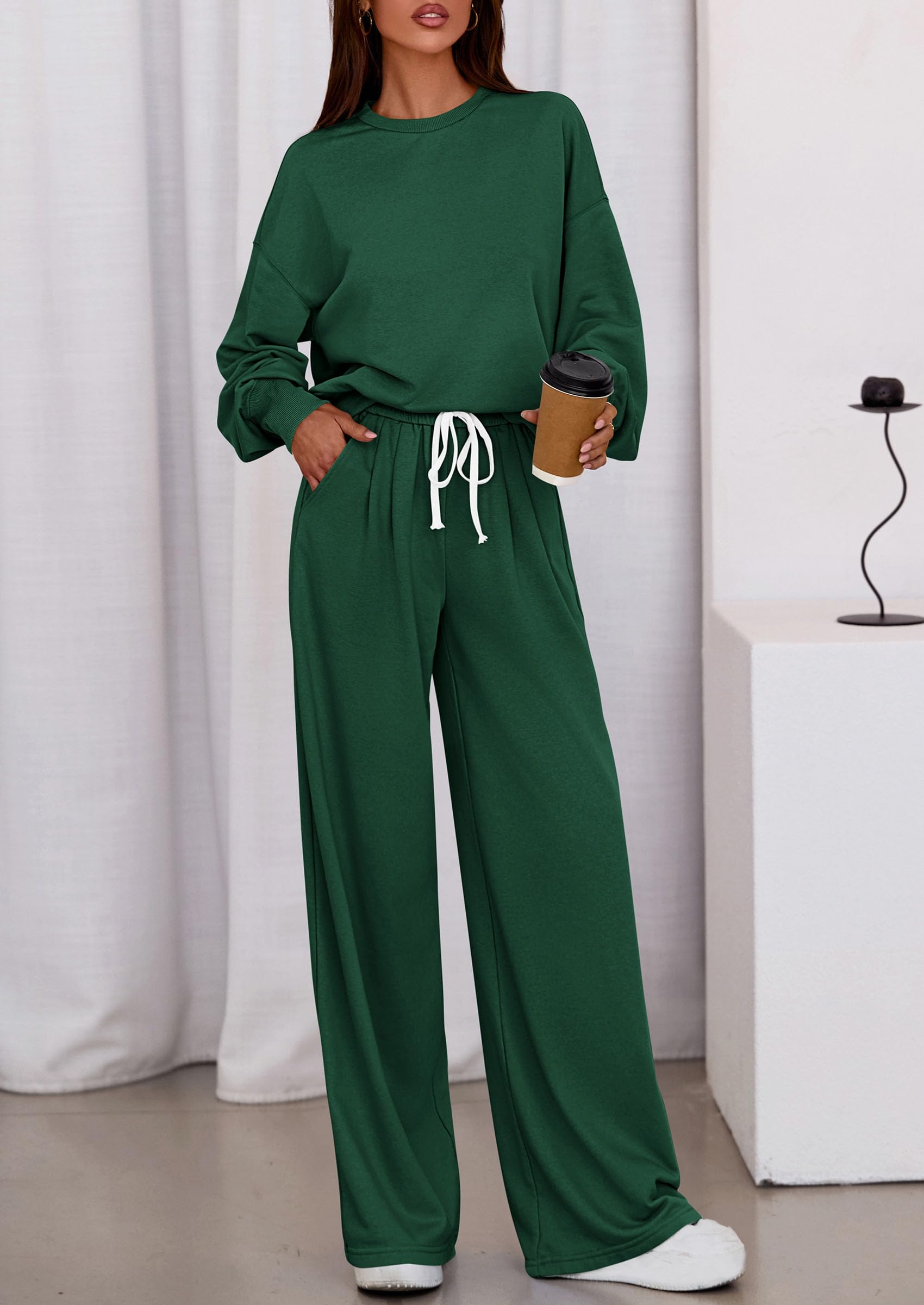 Womens Loose Fit Casual 2 Piece Lounge Set,Dark Green,S