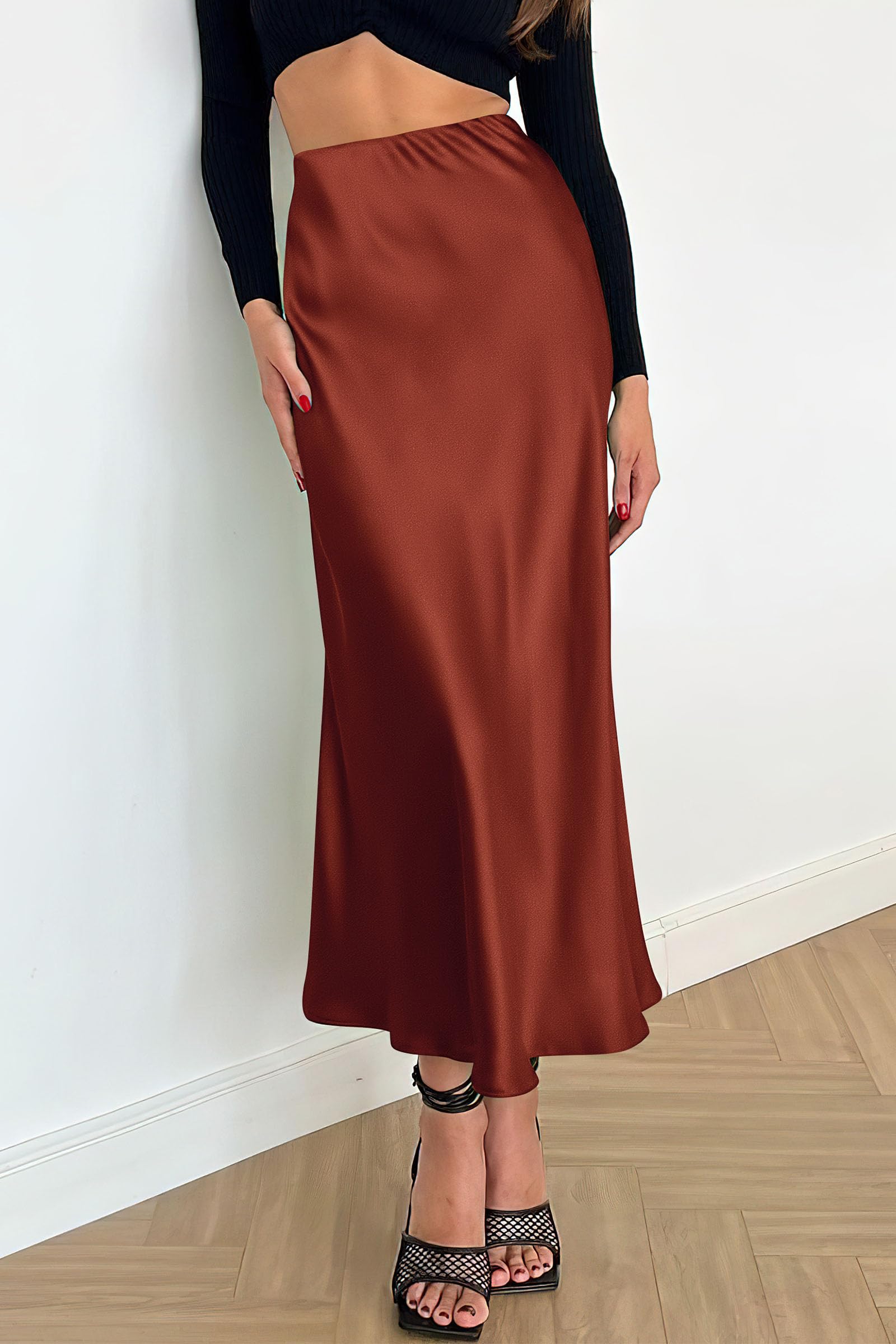 Women's Satin Skirts Dressy Casual 2025 Fall High Waisted Cocktail Wedding Flowy Elegant A Line Midi Skirt (Brown,Small)