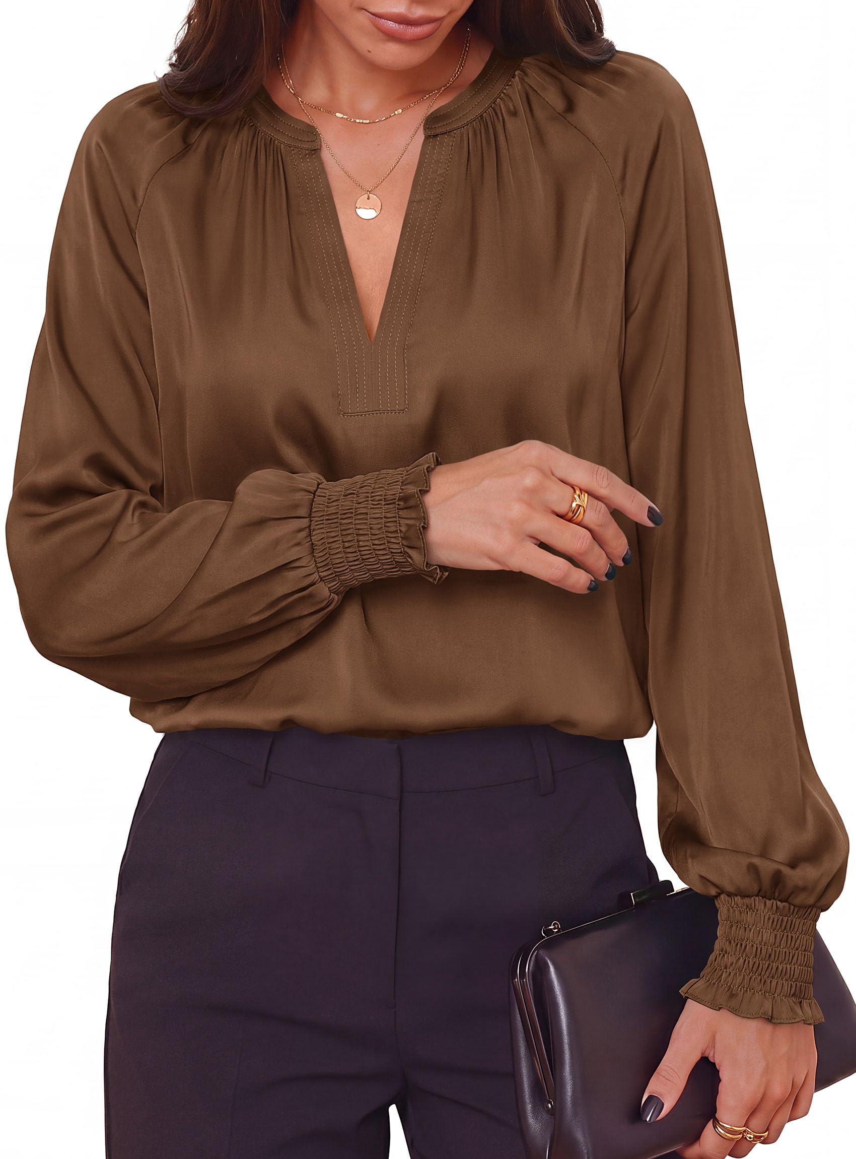 Women's Satin Blouses V Neck Long Sleeve Tops,Brown,S