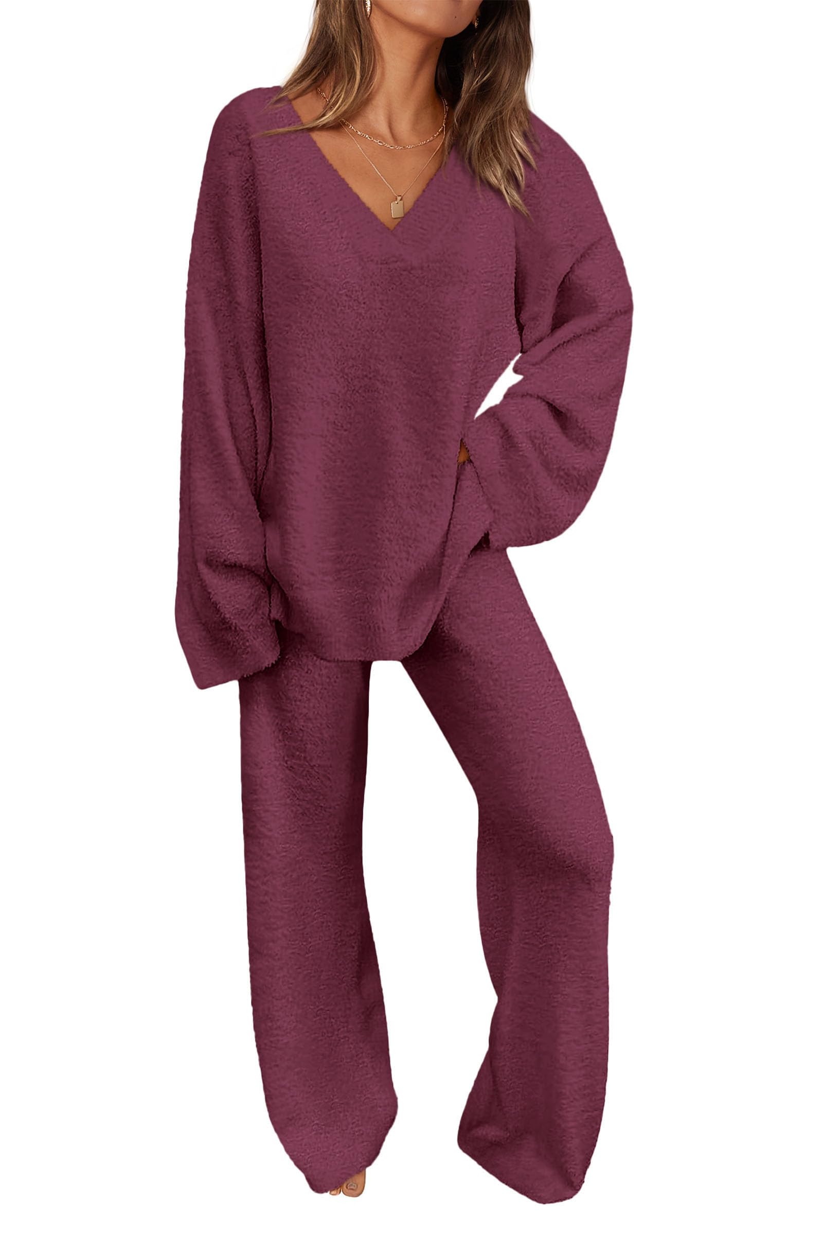 Lounge Sets for Women Fall 2 Piece Fuzzy Sweater Pajama Set