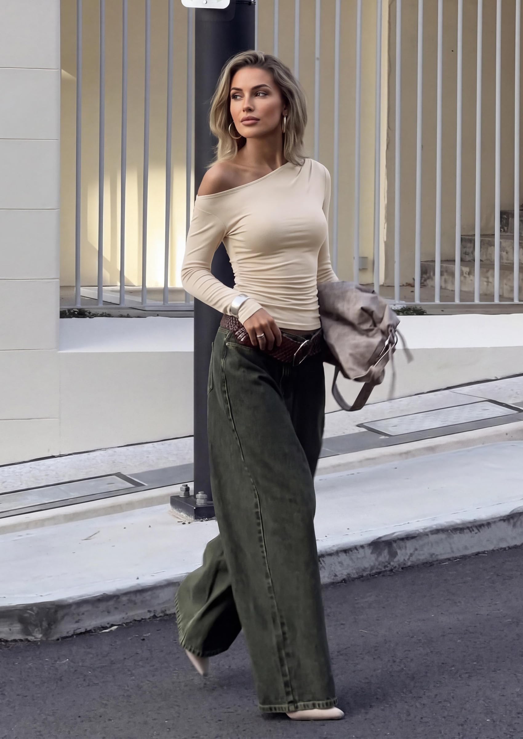 Womens Off The Shoulder Tops Long Sleeve Shirts,Beige,S