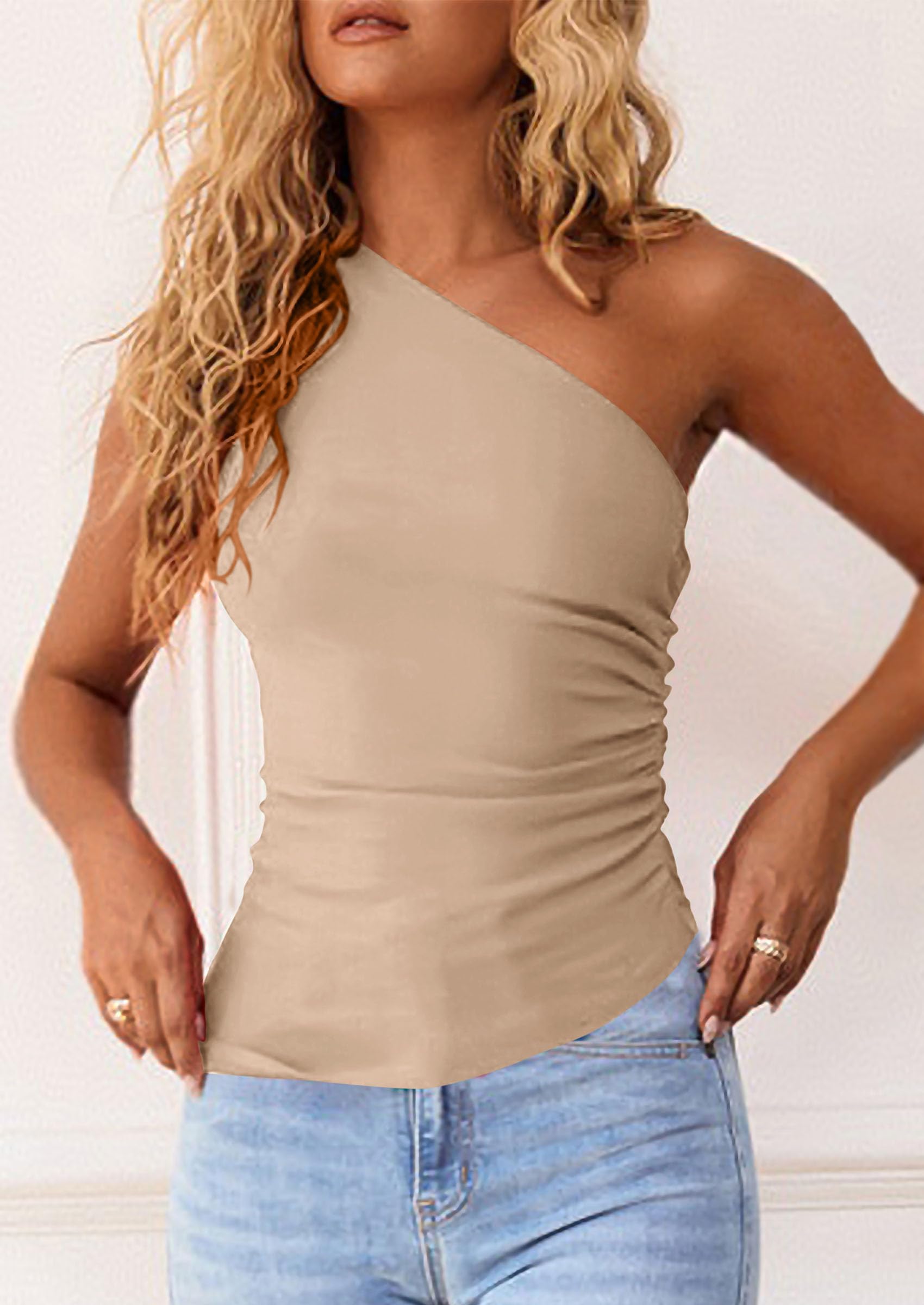 One Shoulder Summer Tops for Women,Apricot,M