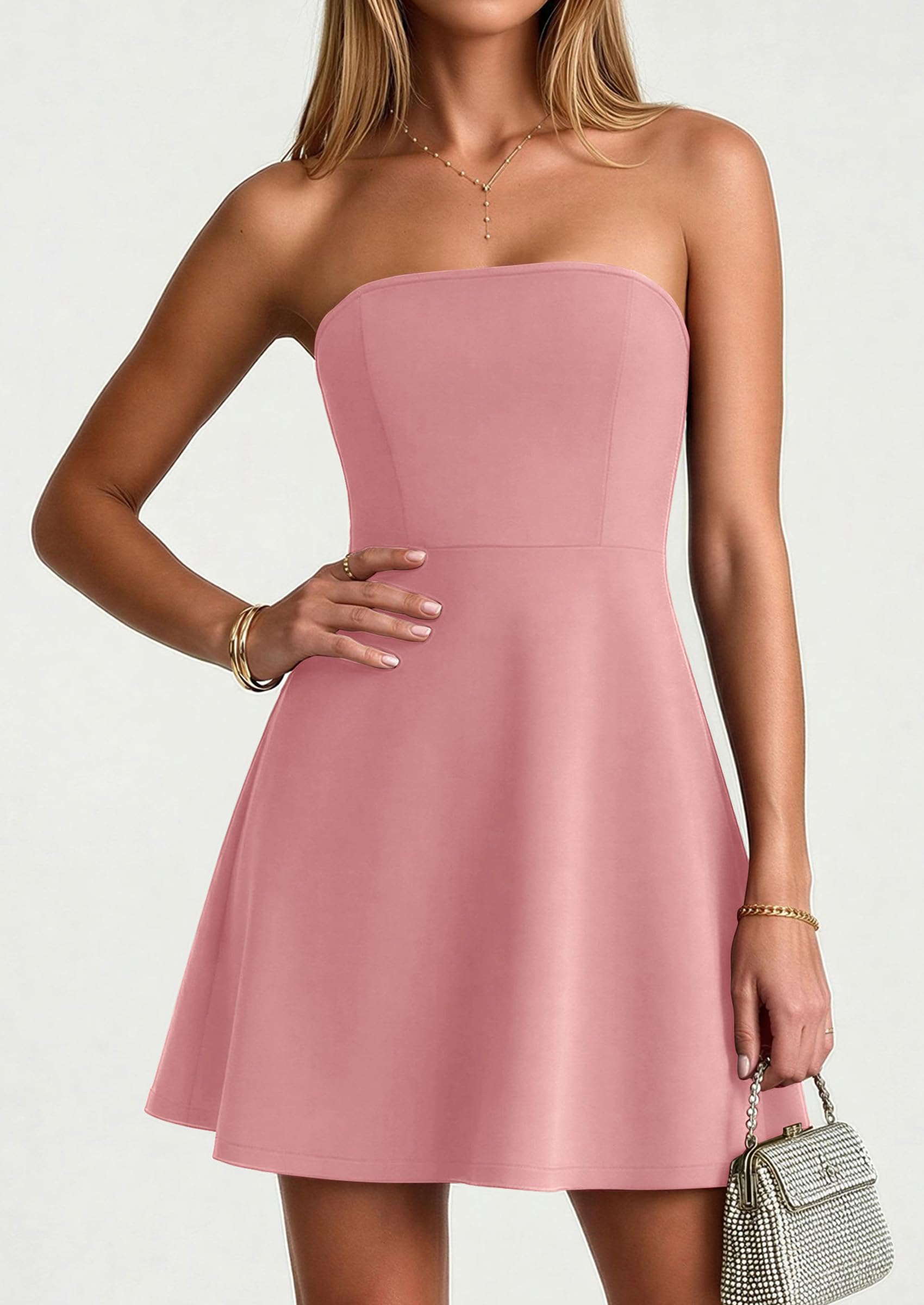 Women's Strapless A Line Mini Summer Dresses Pink,XS