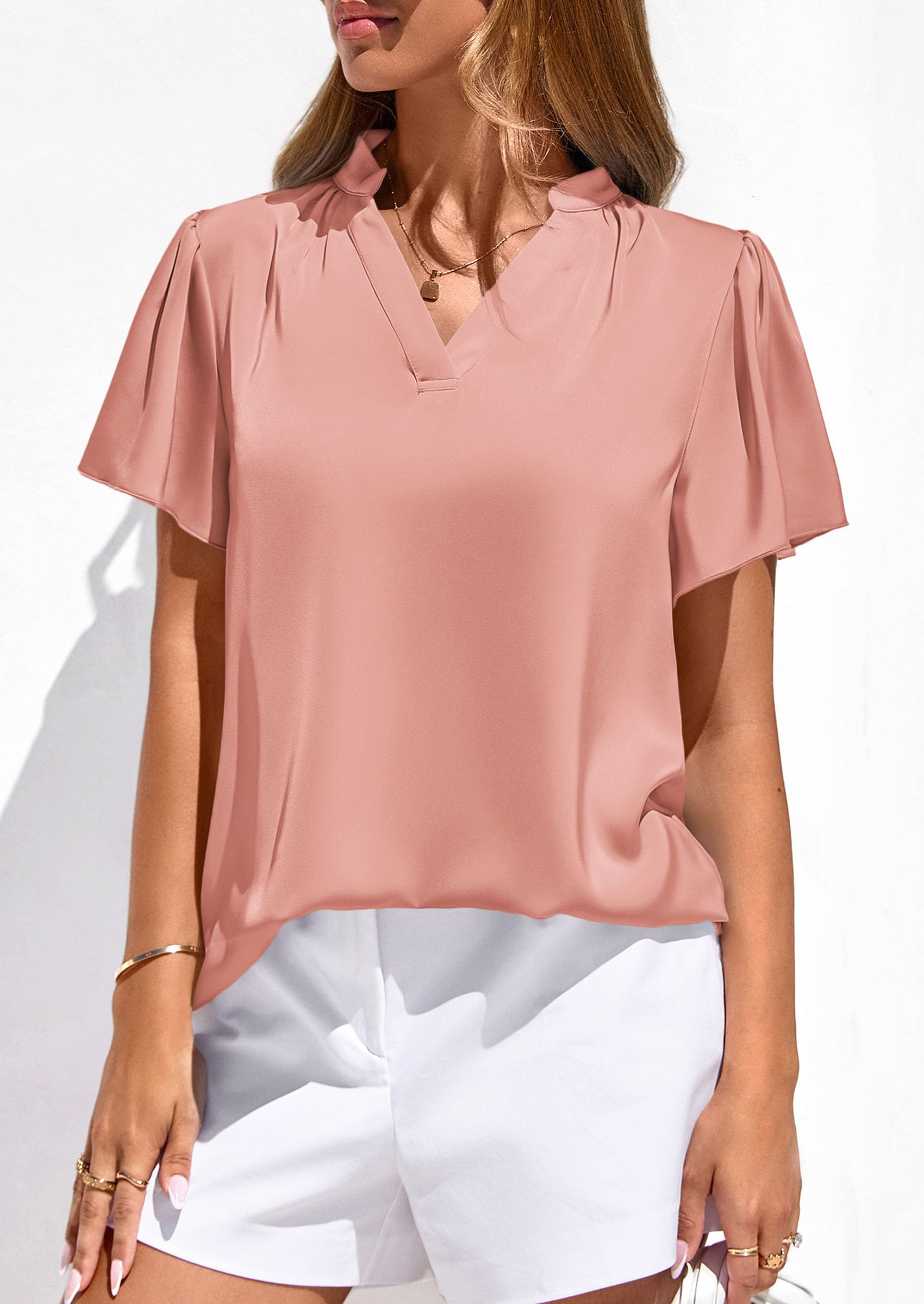 Women's Summer Satin Dressy Casual Blouses (Pink,S)