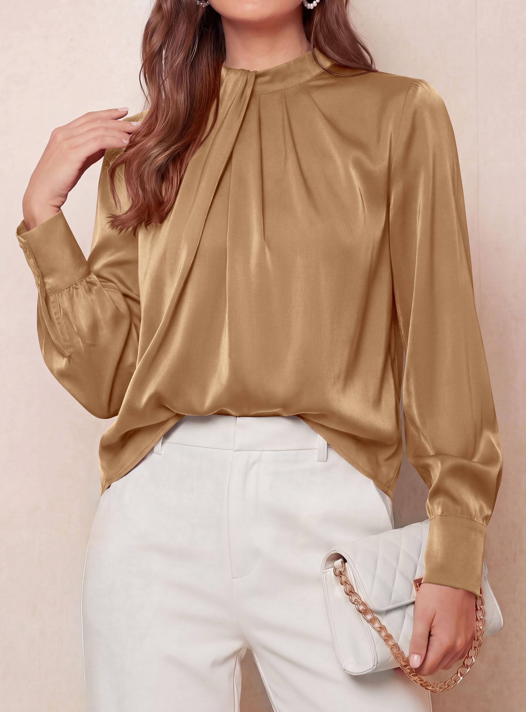 Satin Blouses for Women Dressy Casual Long Sleeve Shirts Khaki