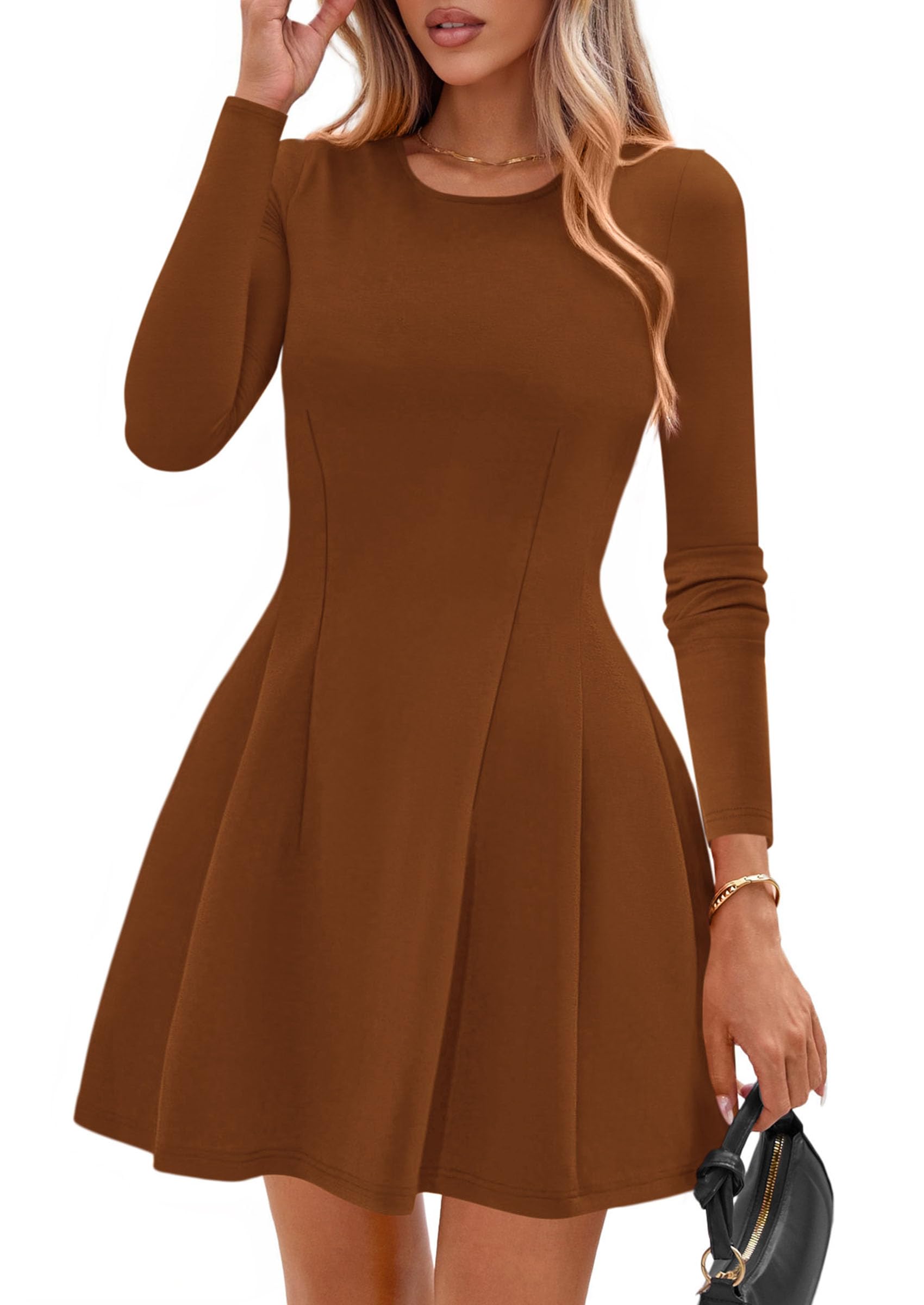 Womens Long Sleeve Pleated Mini Dress,Caramel,XS