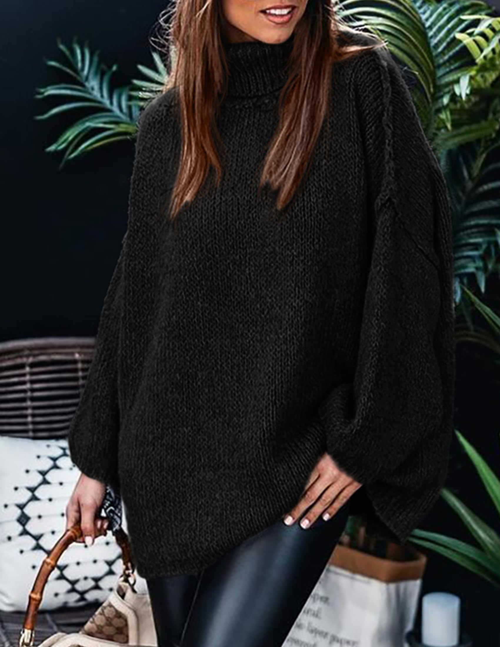 Womens Turtleneck Long Sleeve Oversized Sweaters,Black,S