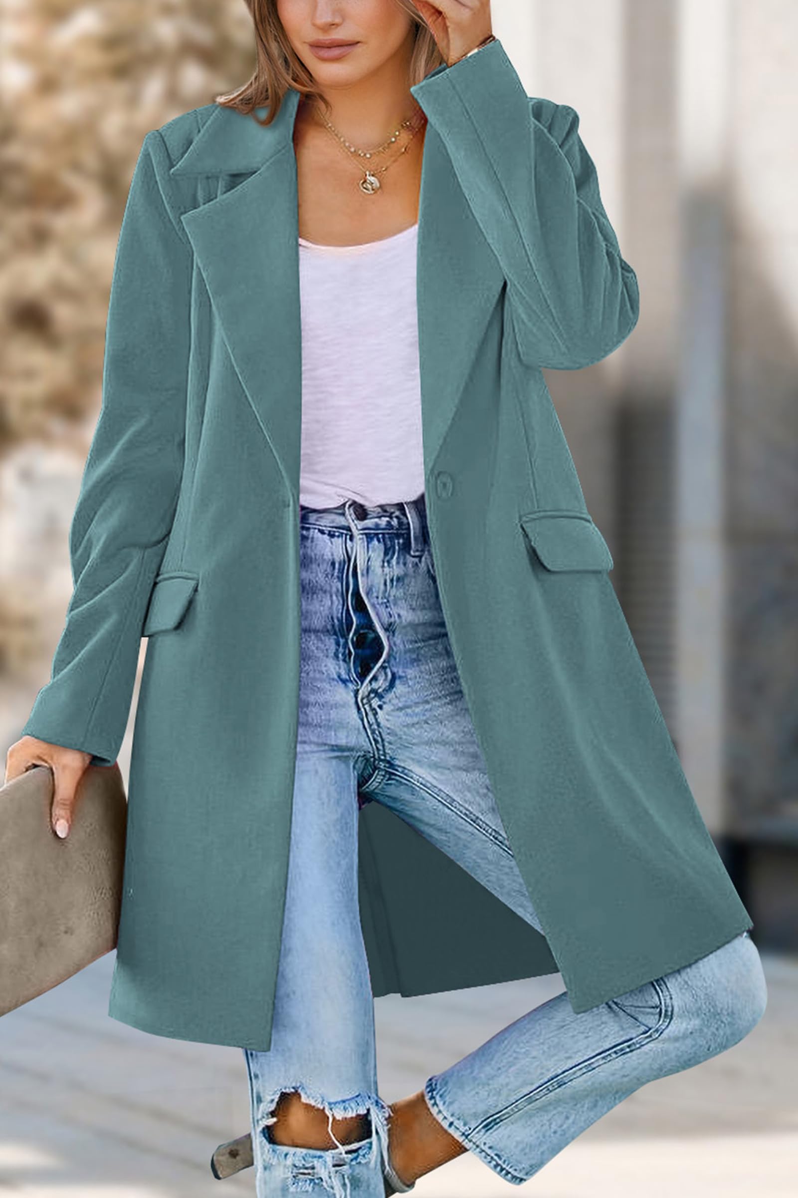Women's Business Casual Long Blazer Jackets(Blue Green,S)