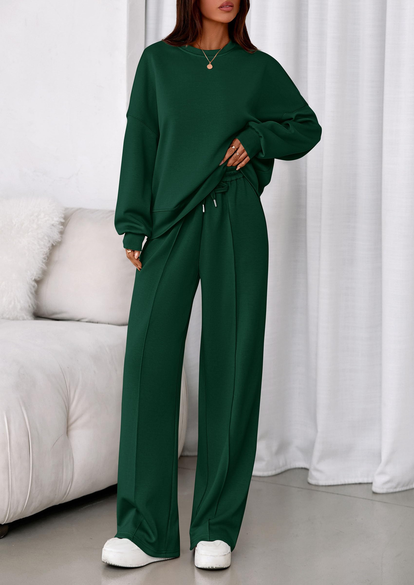 Womens Long Sleeve Sweatshirt 2 Piece Sets,Dark Green,S