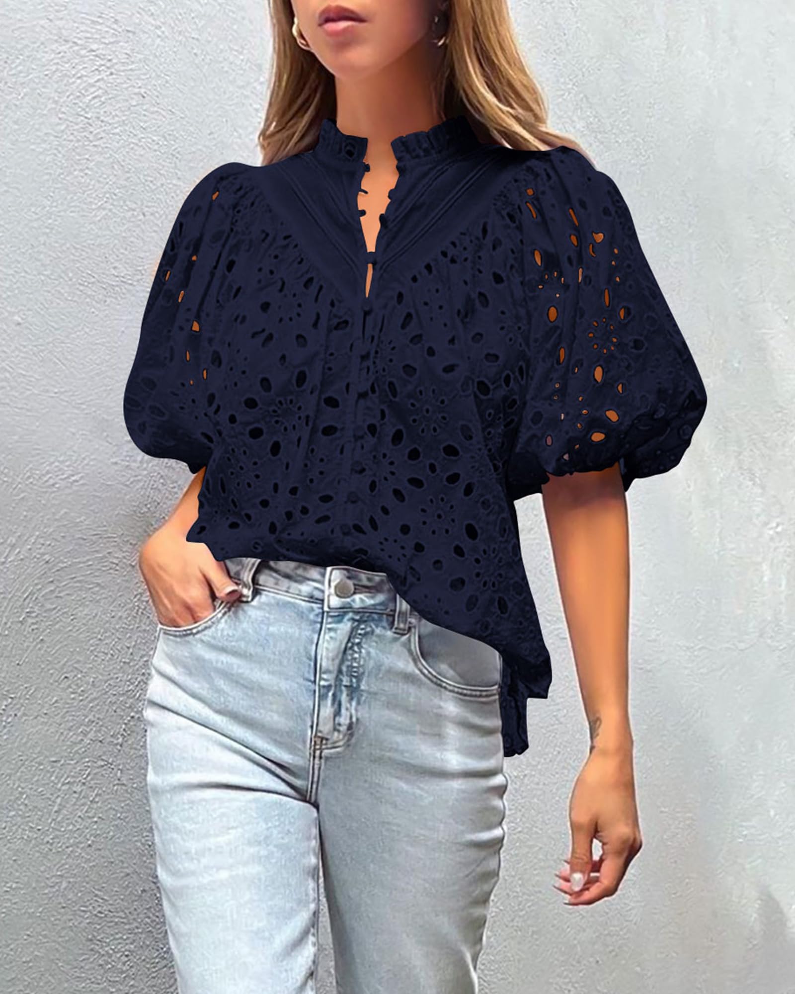 Womens Tops Boho Eyelet Puff Sleeve Blouse, Navy,S