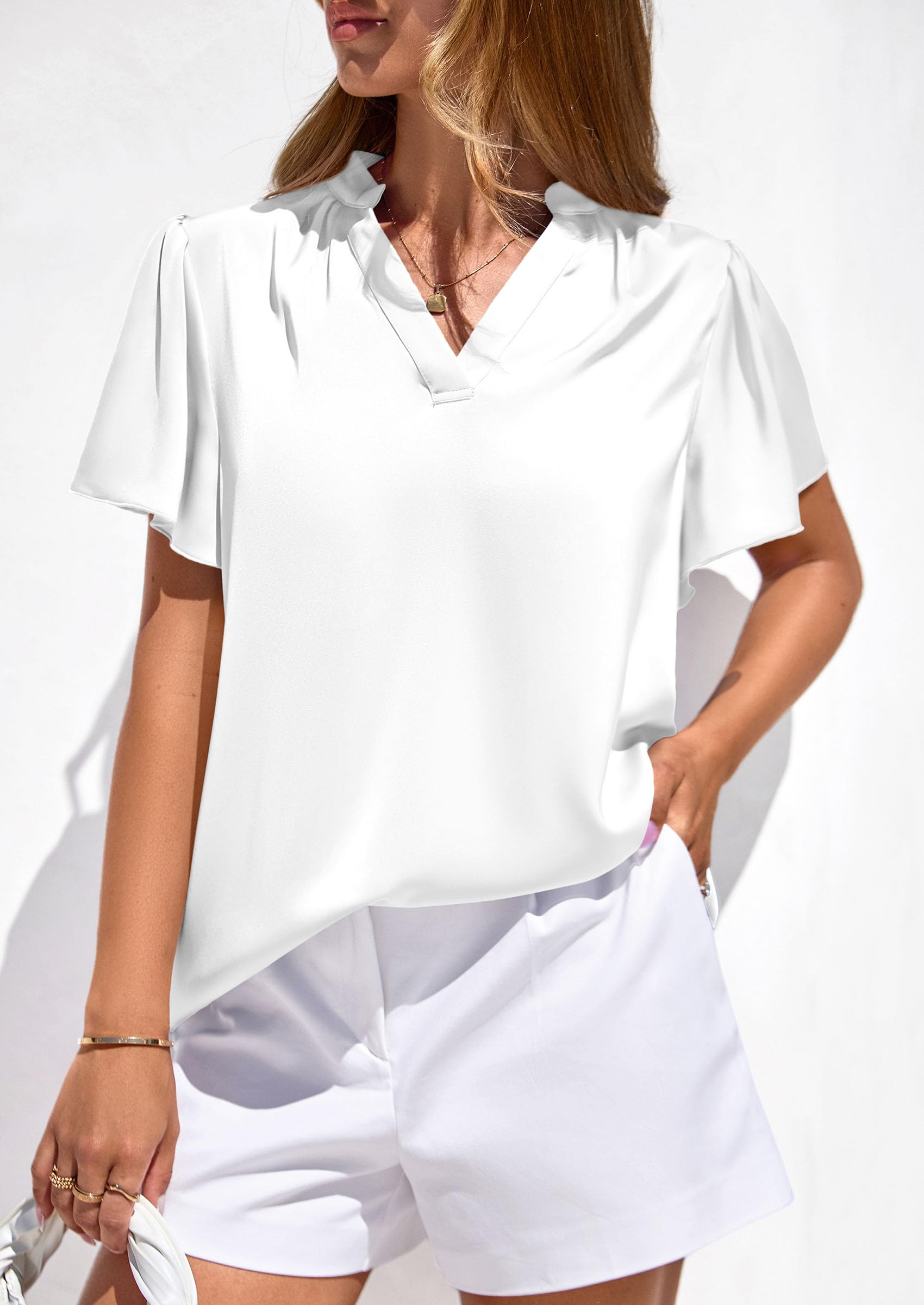 Women's Summer Satin Dressy Casual Blouses (White,S)