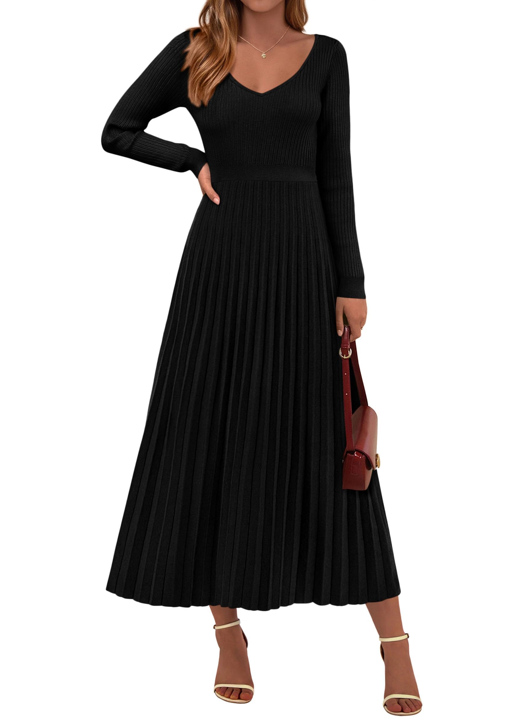 Sweater Dress Women Long Sleeve Maxi Flowy Pleated Dresses