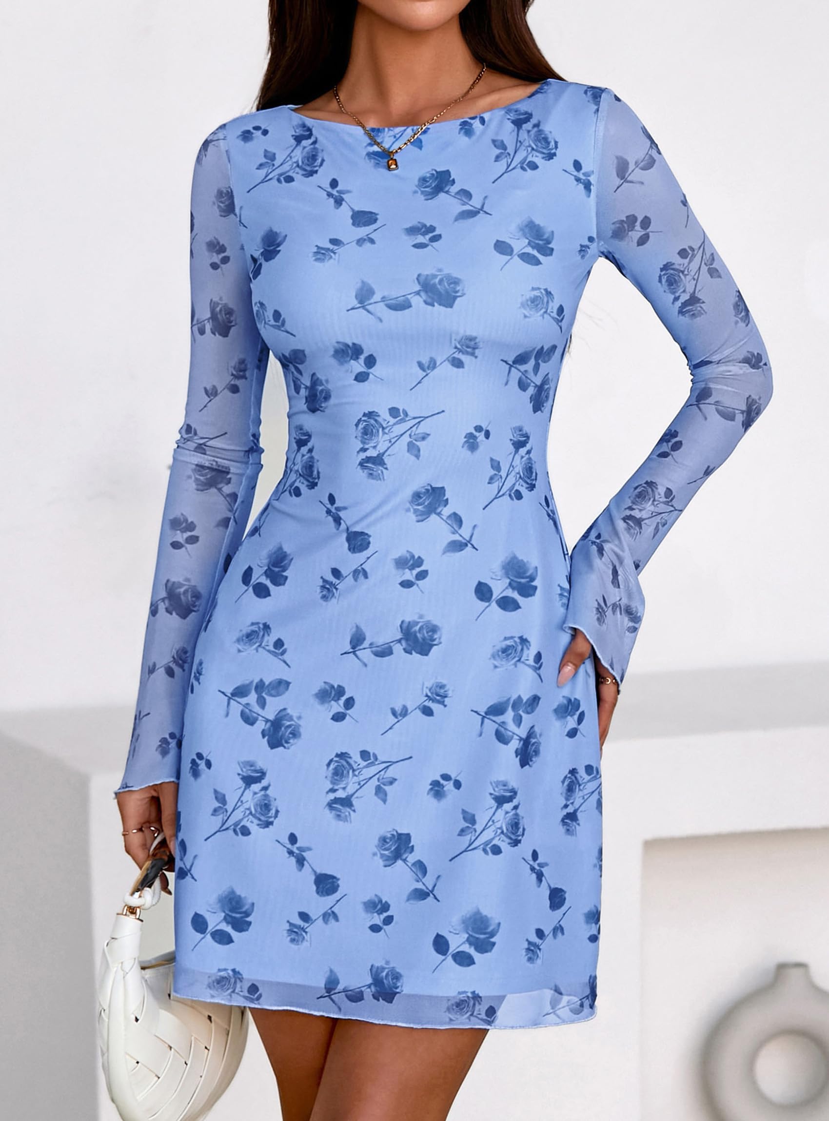 Women's Fall Floral Long Sleeve Mini Dress (Light Blue,M)