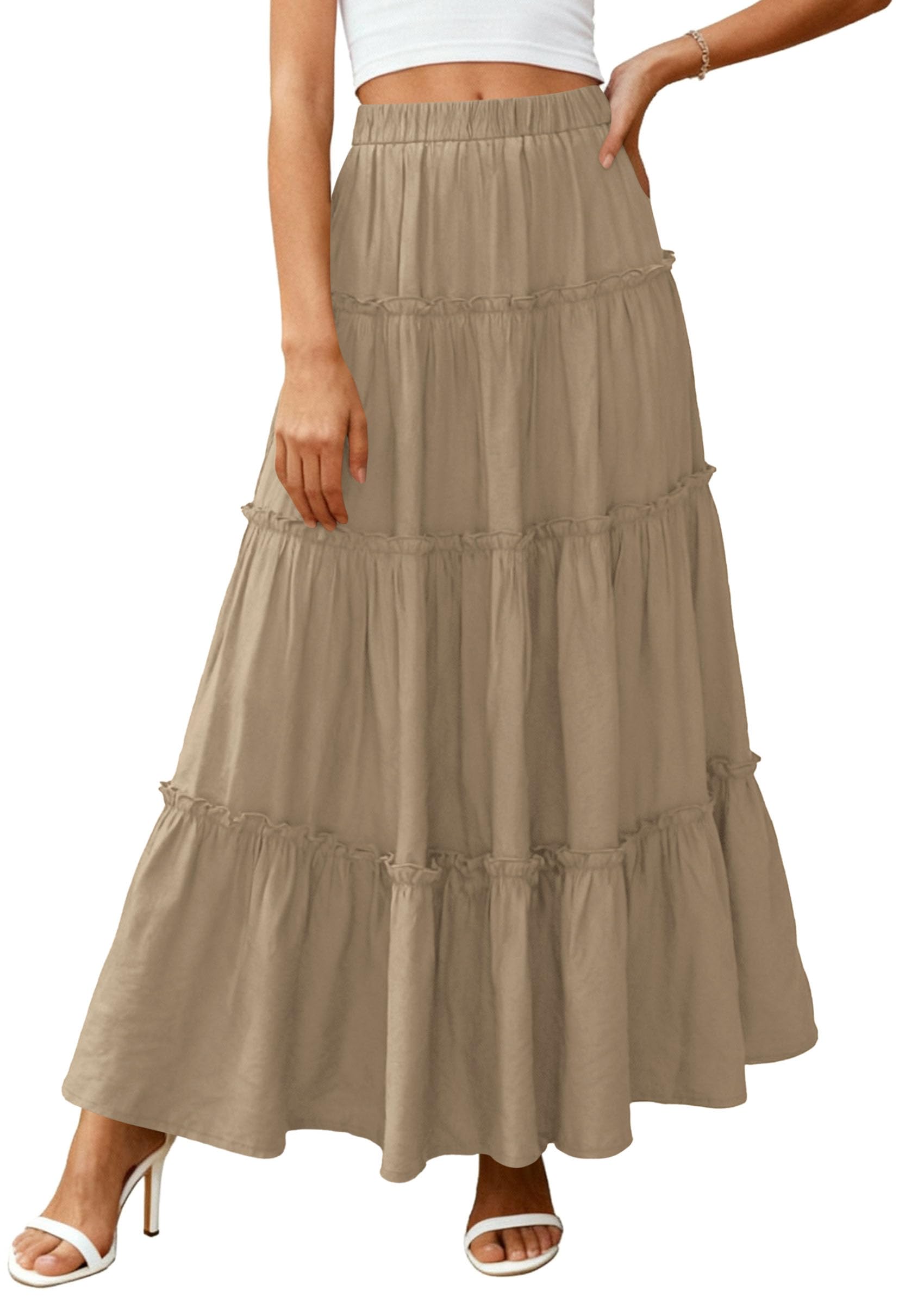 Women's Boho Tiered Ruffle Flowy Maxi Skirt, Khaki,XL