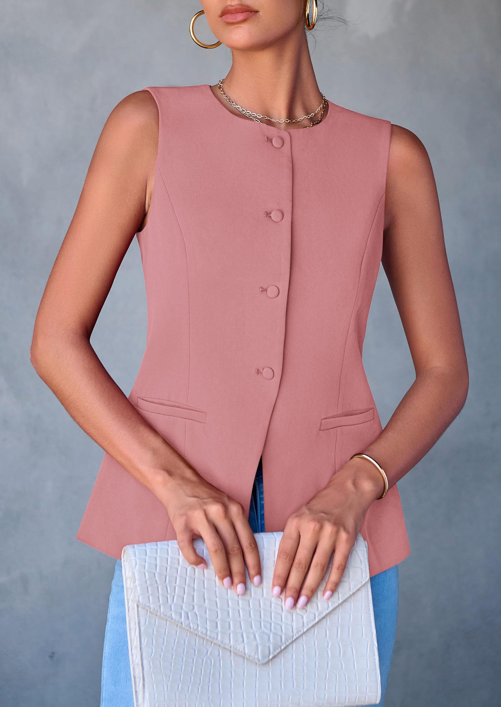 Women Tailored Suit Vest Business Casual Tops, Dark Pink,M