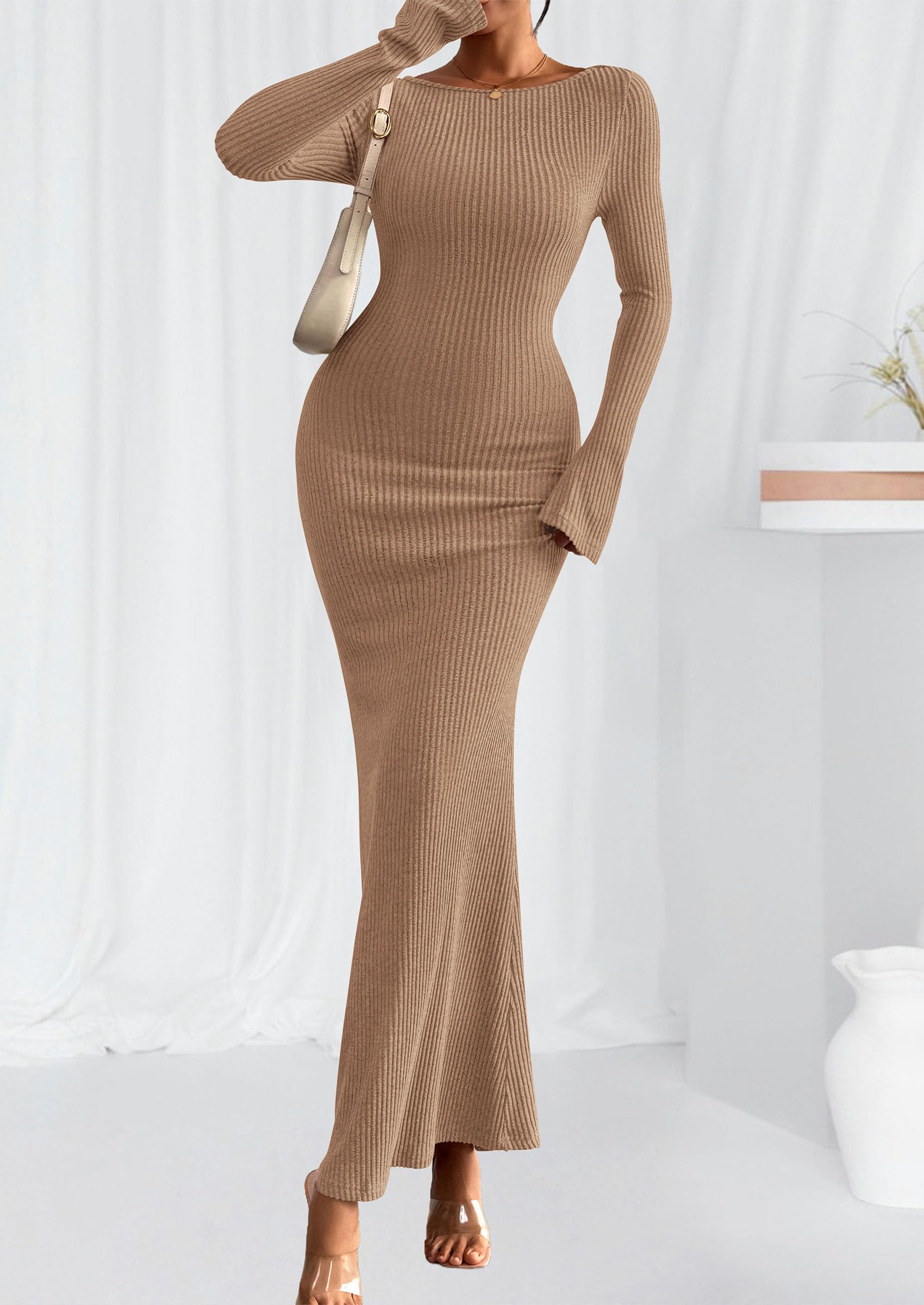 Women's Fall Long Sleeve Bodycon Maxi Dresses (Khaki,XS)