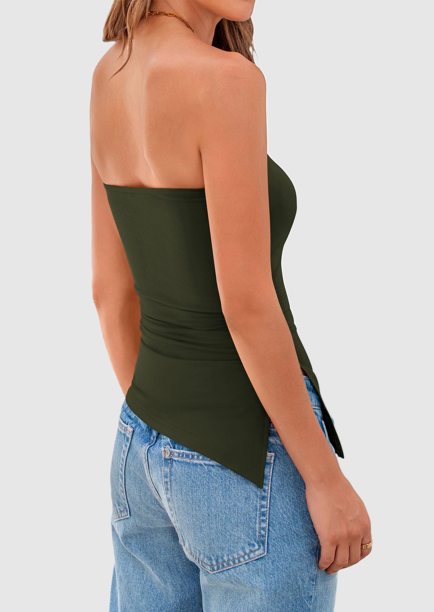 Women's Ruched Asymmetrical Strapless Tube Top, Army Green,S