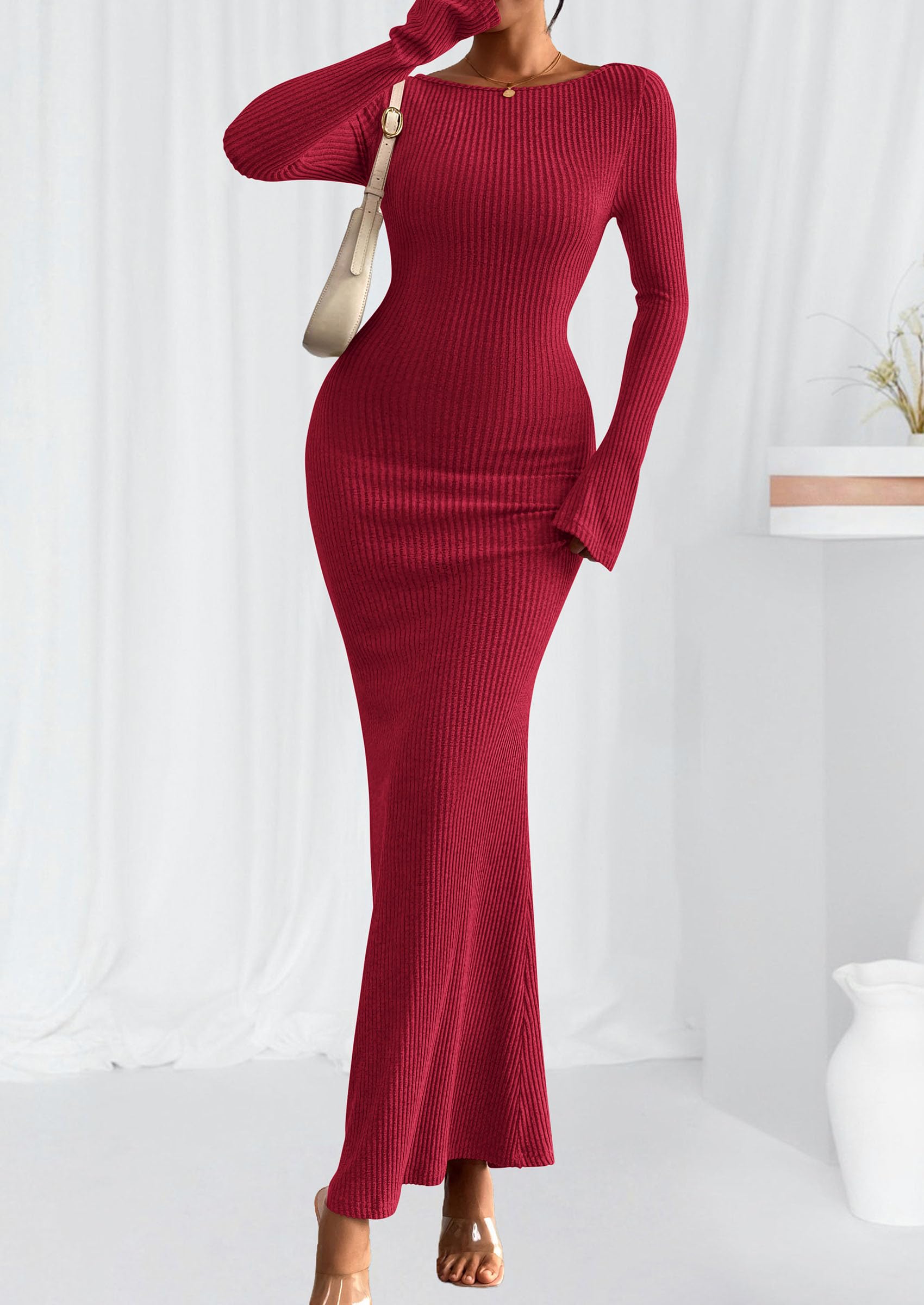 Women's Fall Long Sleeve Bodycon Maxi Dresses (Red,XS)