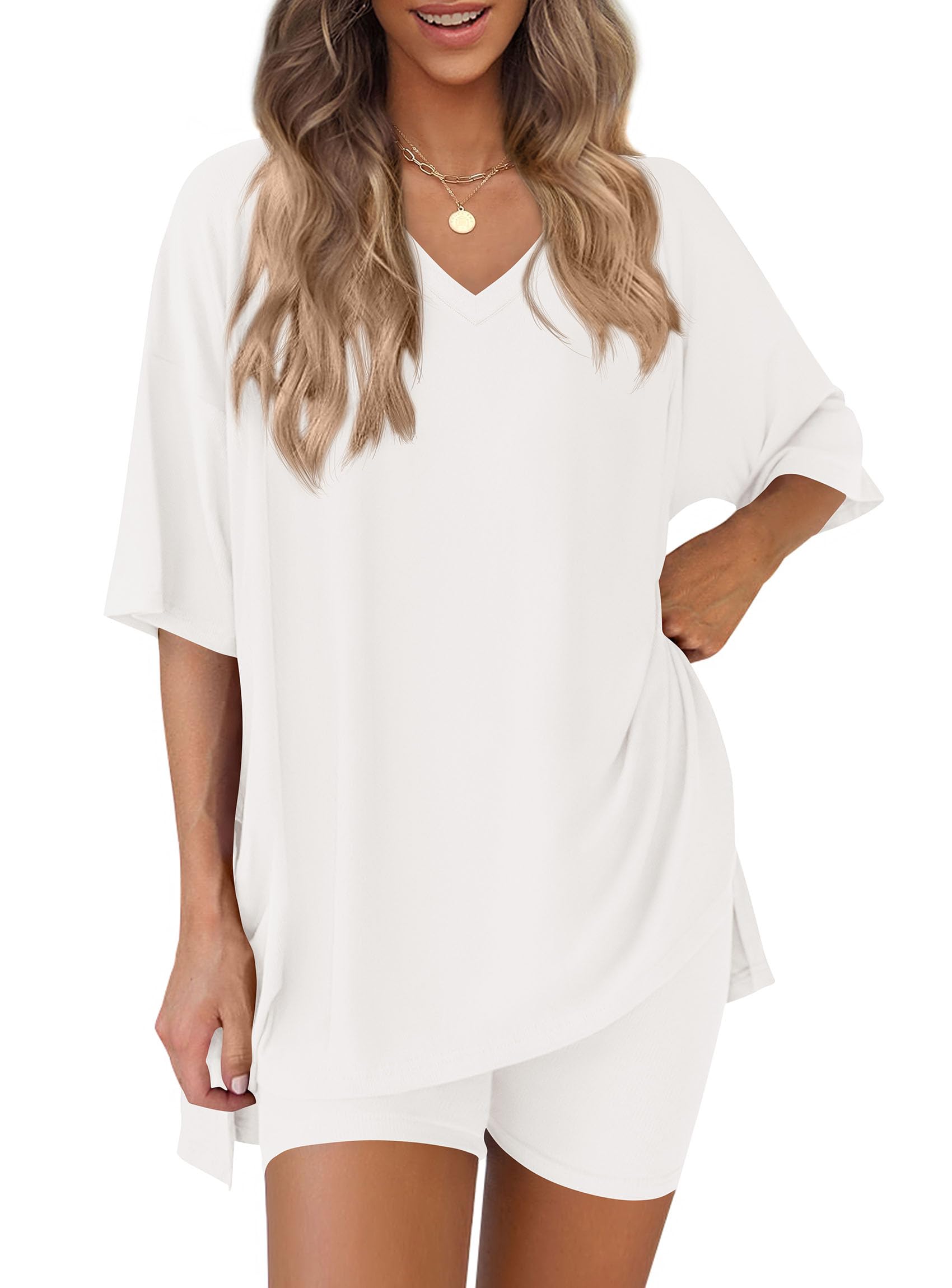 Womens 2 Piece Outfit Lounge Short Sets,White,S