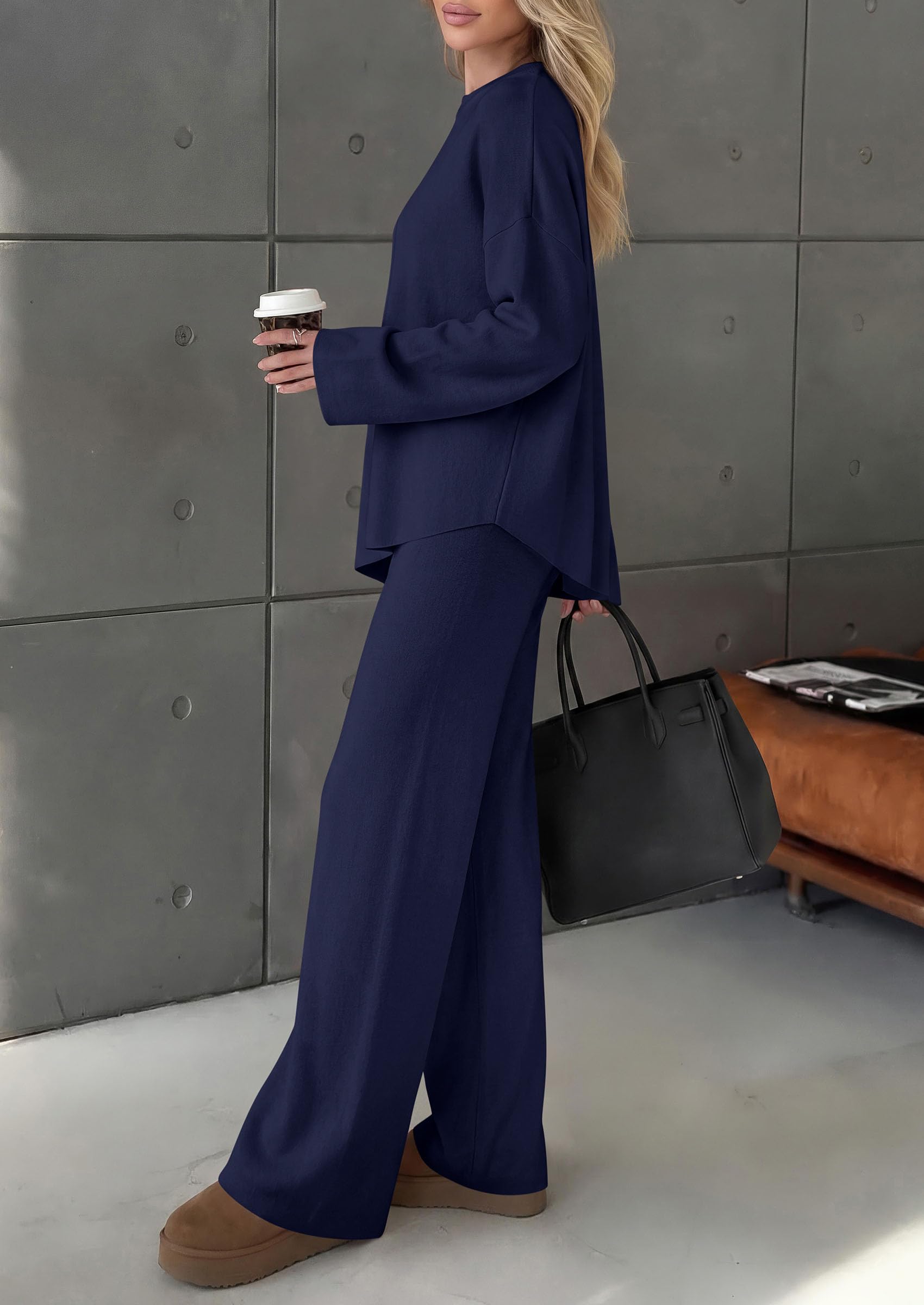 Womens Fall 2 Piece Asymmetric Cozy Sweater Travel Lounge Sets