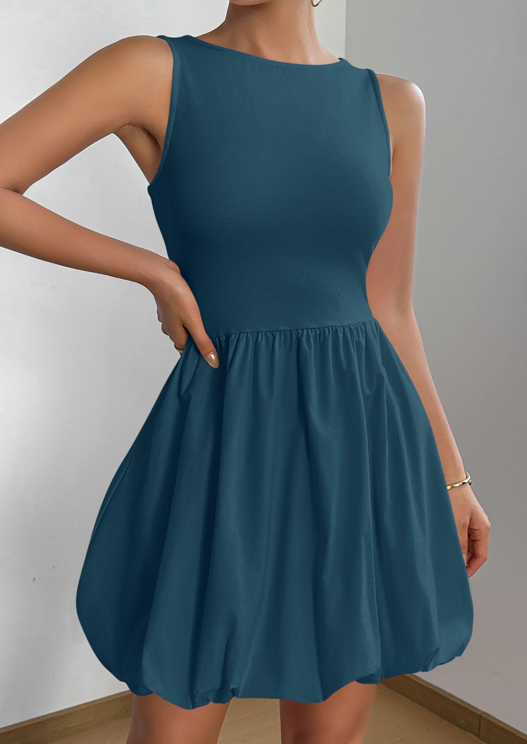 Womens Summer Bubble Sleeveless Mini Dress,Peacock Blue,S