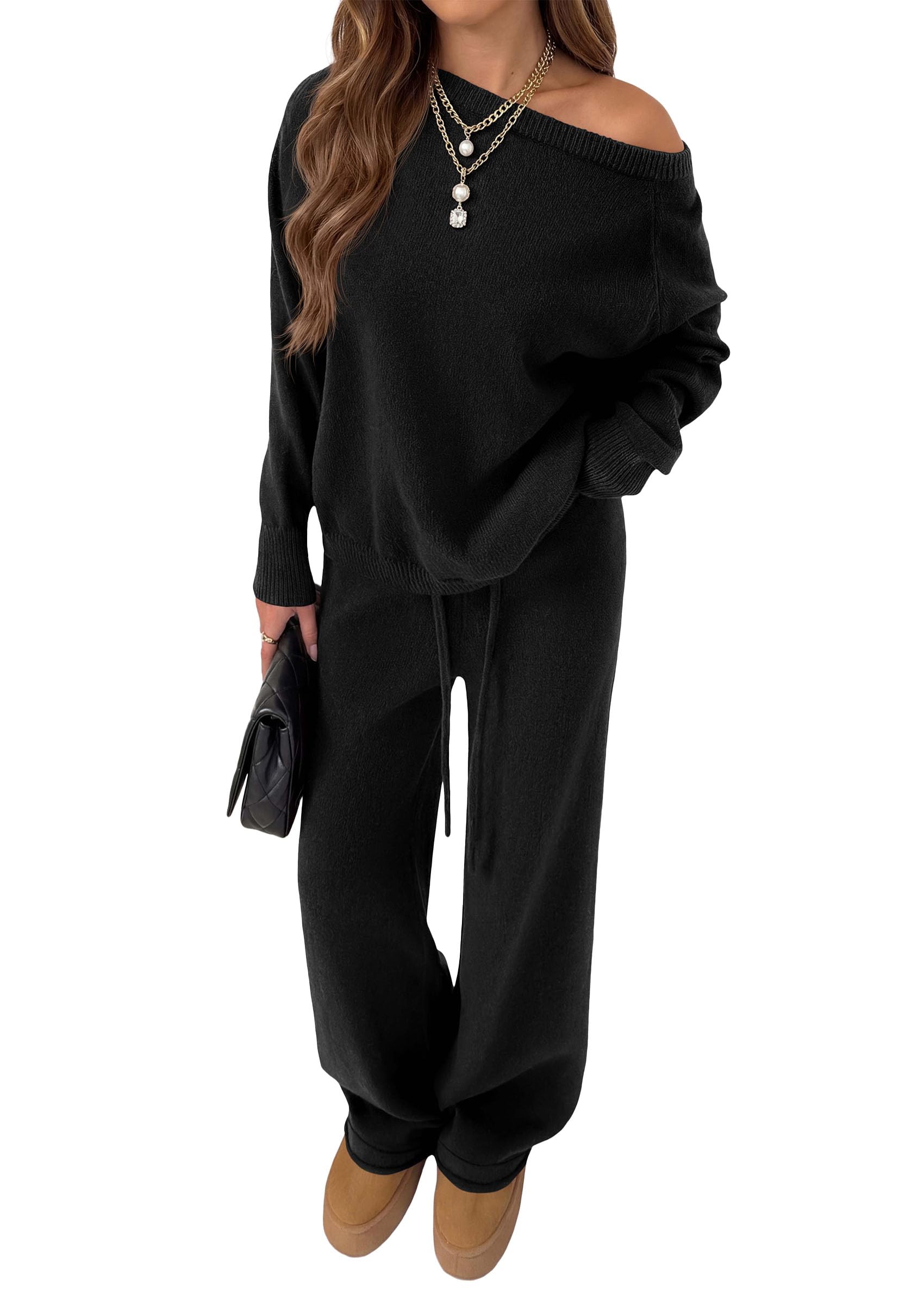 Lounge Sets Womens Sweaters Two Piece Outfits (Black,L)