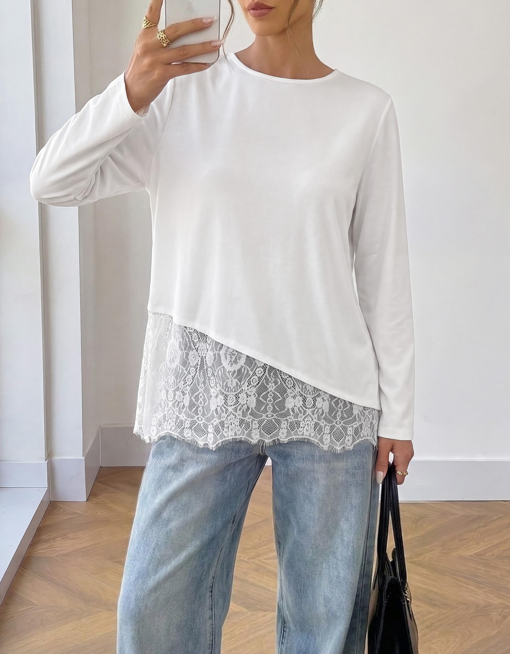 Women's Lace Patchwork Long Sleeve Shirts,White,S