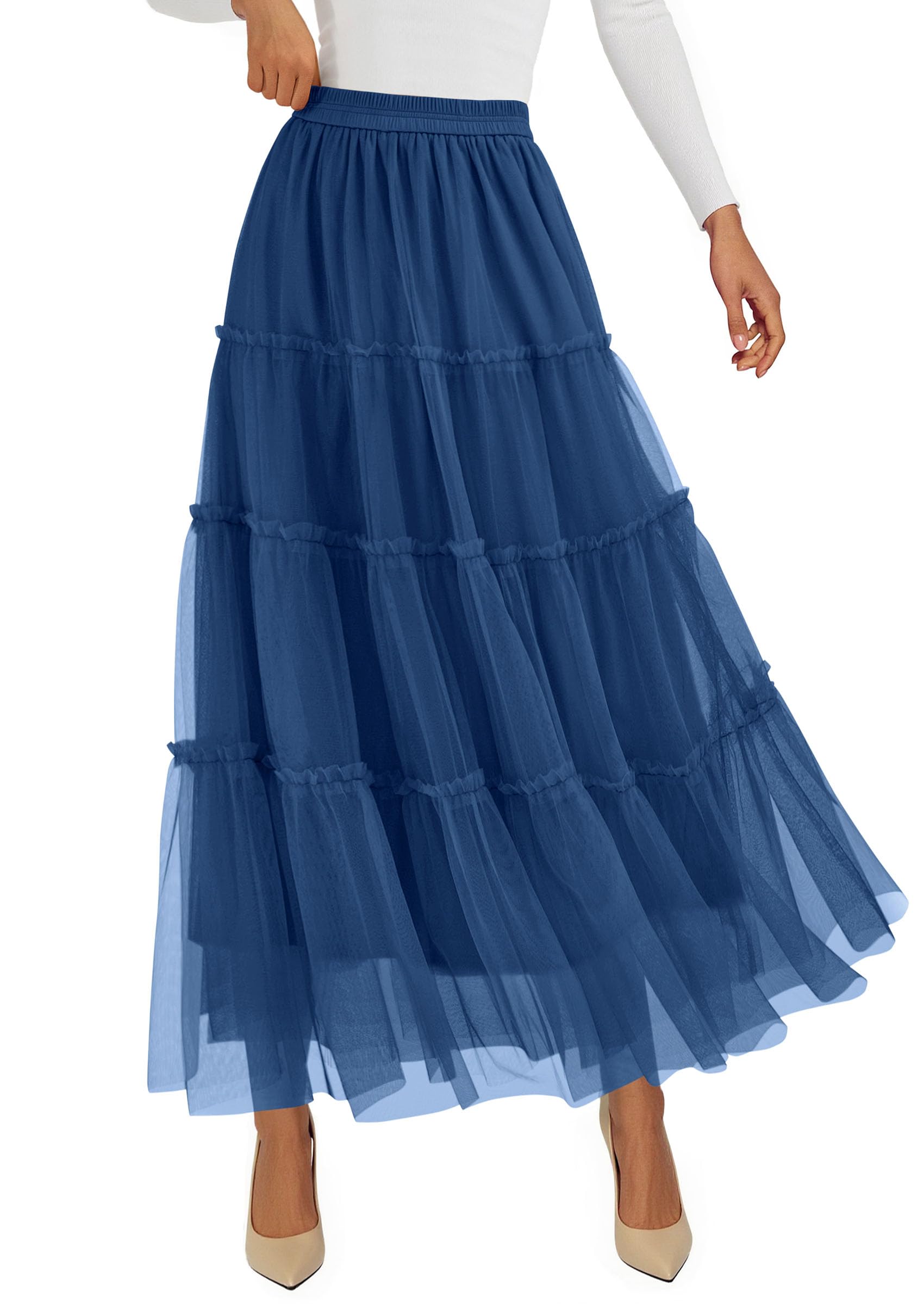 Women's Fall Soft Tulle Tiered Long Skirt,Blue,S