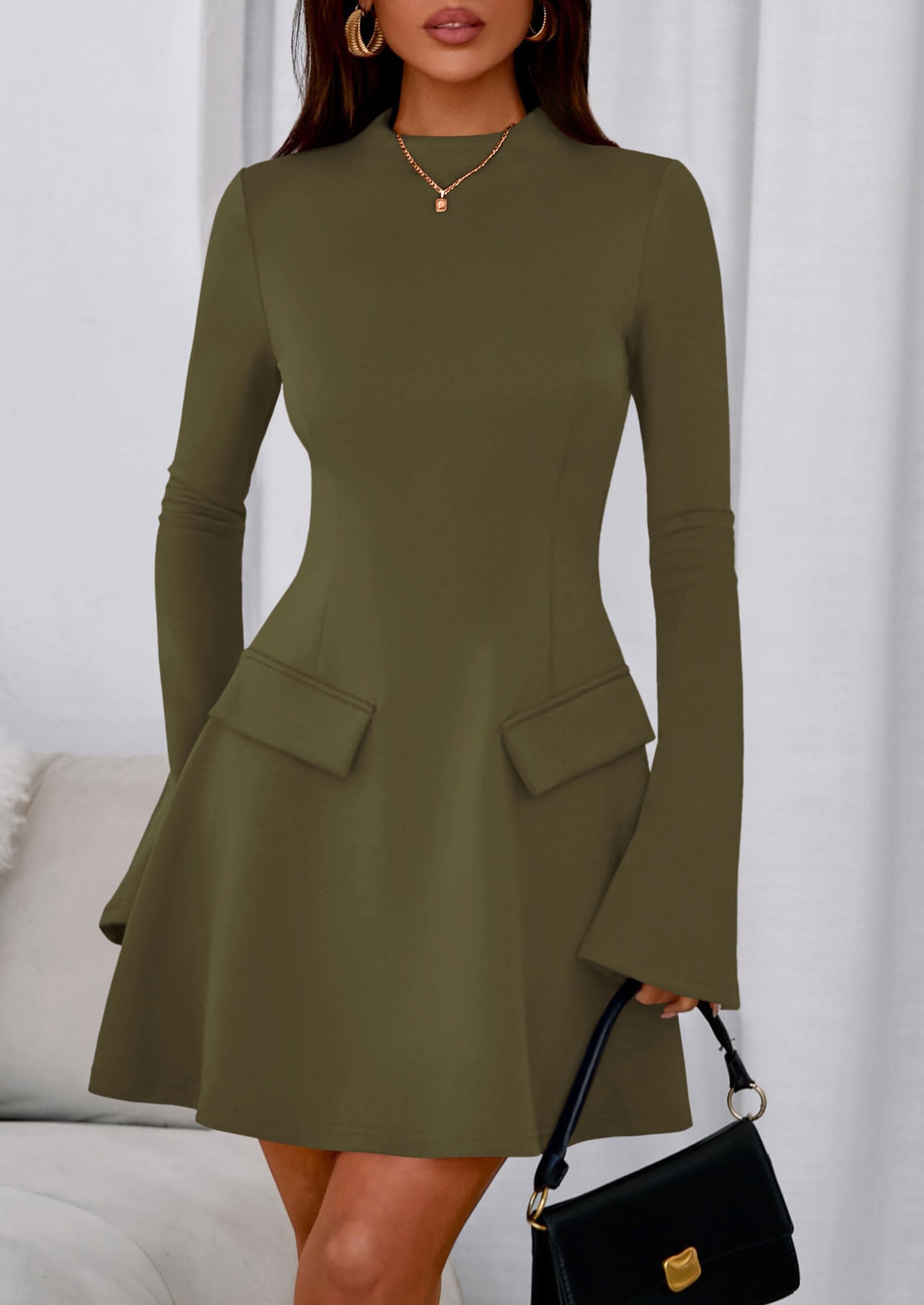 Women's Fall Bell Sleeve Short Dress,Army Green,XS