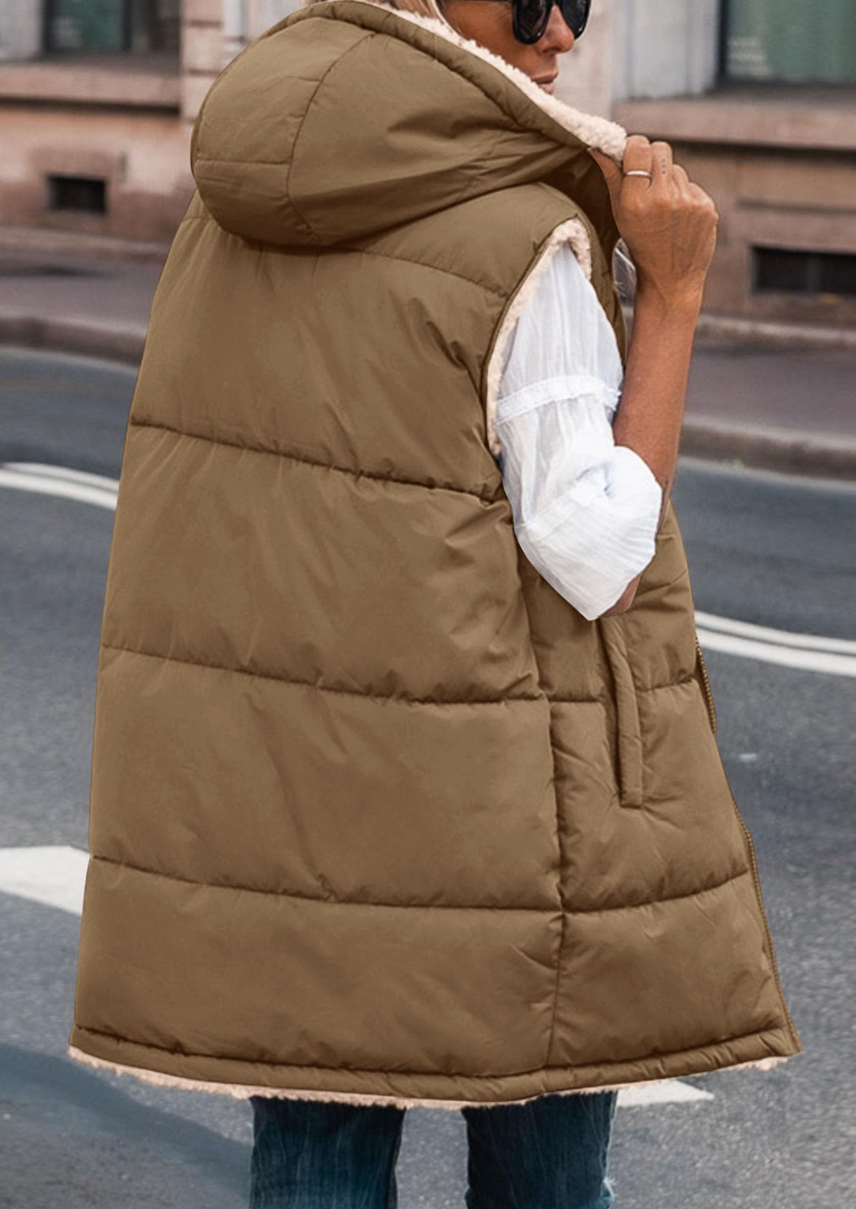 Women's Winter Reversible Fleece Long Vests Light Army Green,S