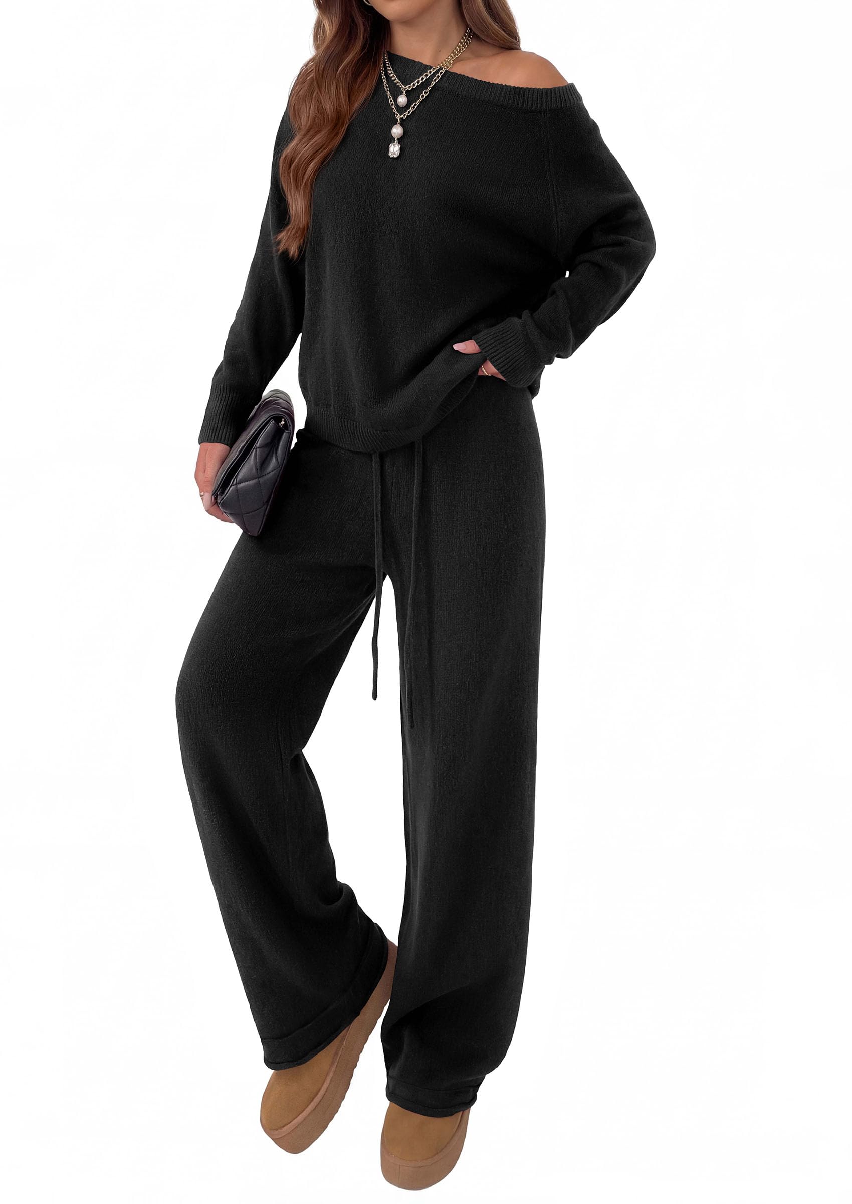 Lounge Sets Womens Sweaters Two Piece Outfits (Black,L)